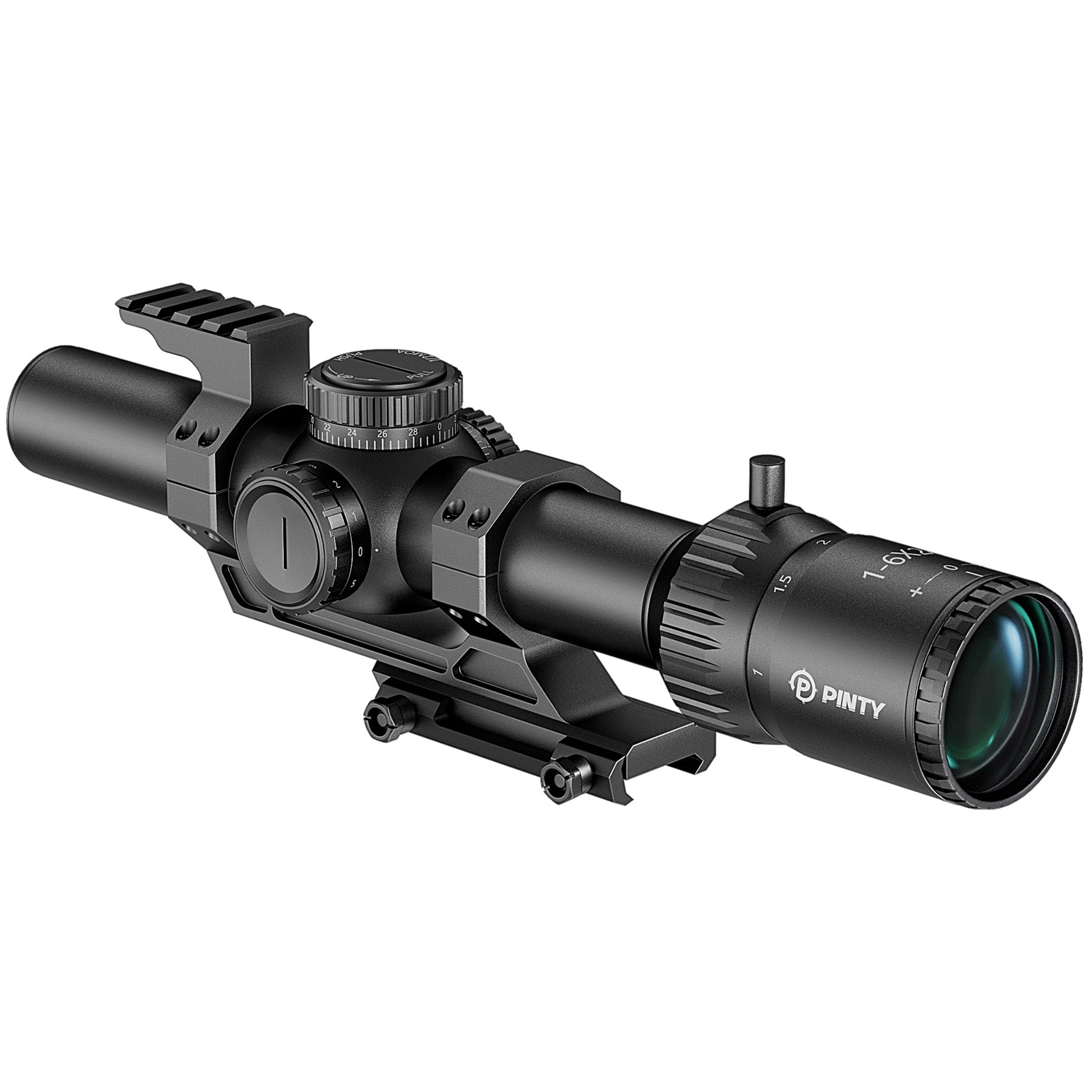 Black rifle scope with Pinty logo on a white background