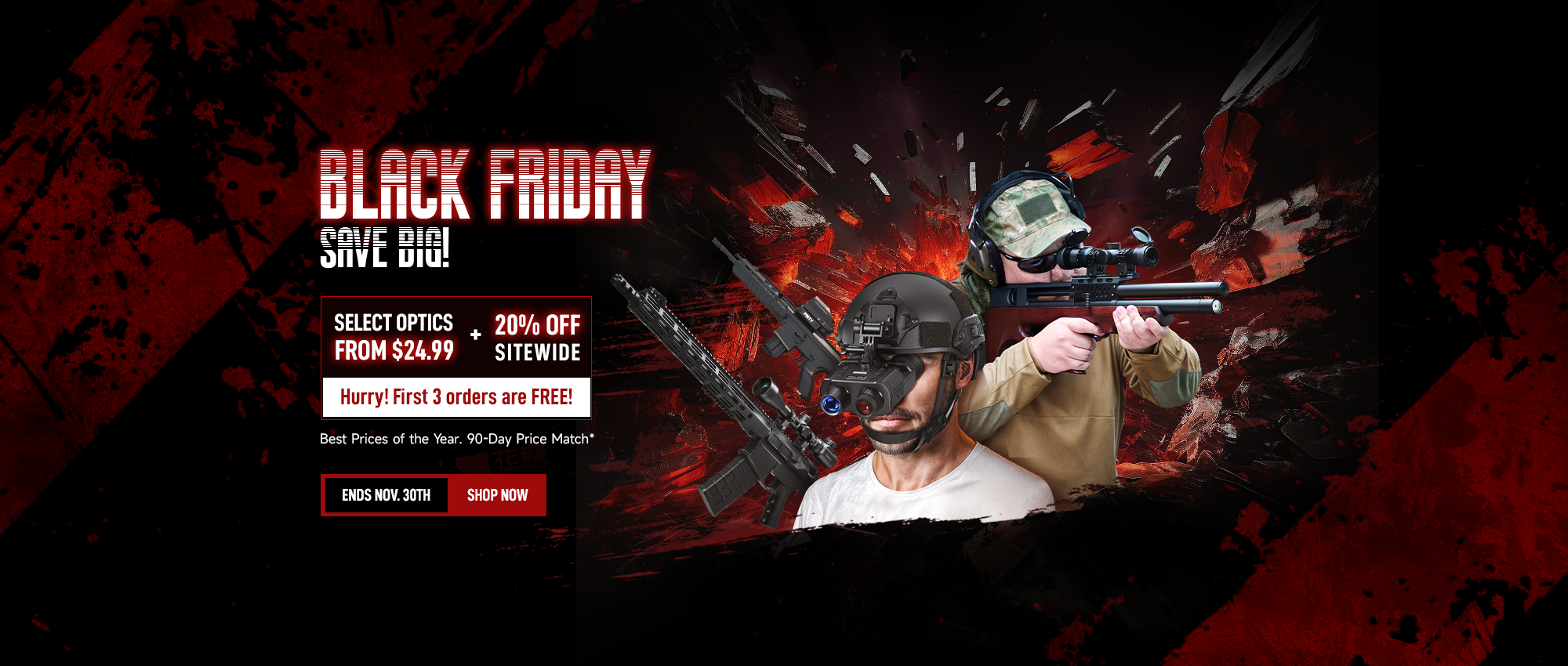Black Friday sale advertisement with a person holding a gun and tactical gear on a dark background.