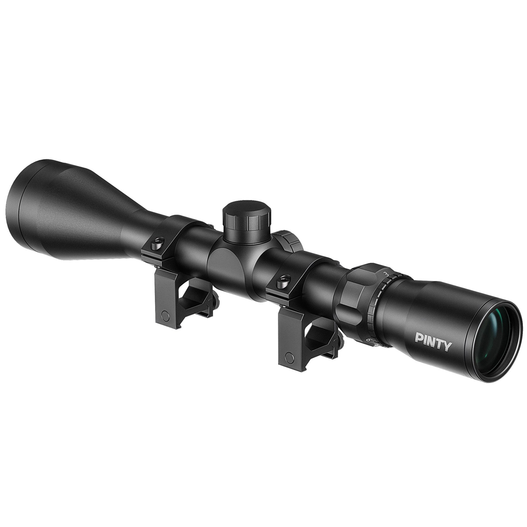 Black rifle scope with 'Pinty' branding on a white background
