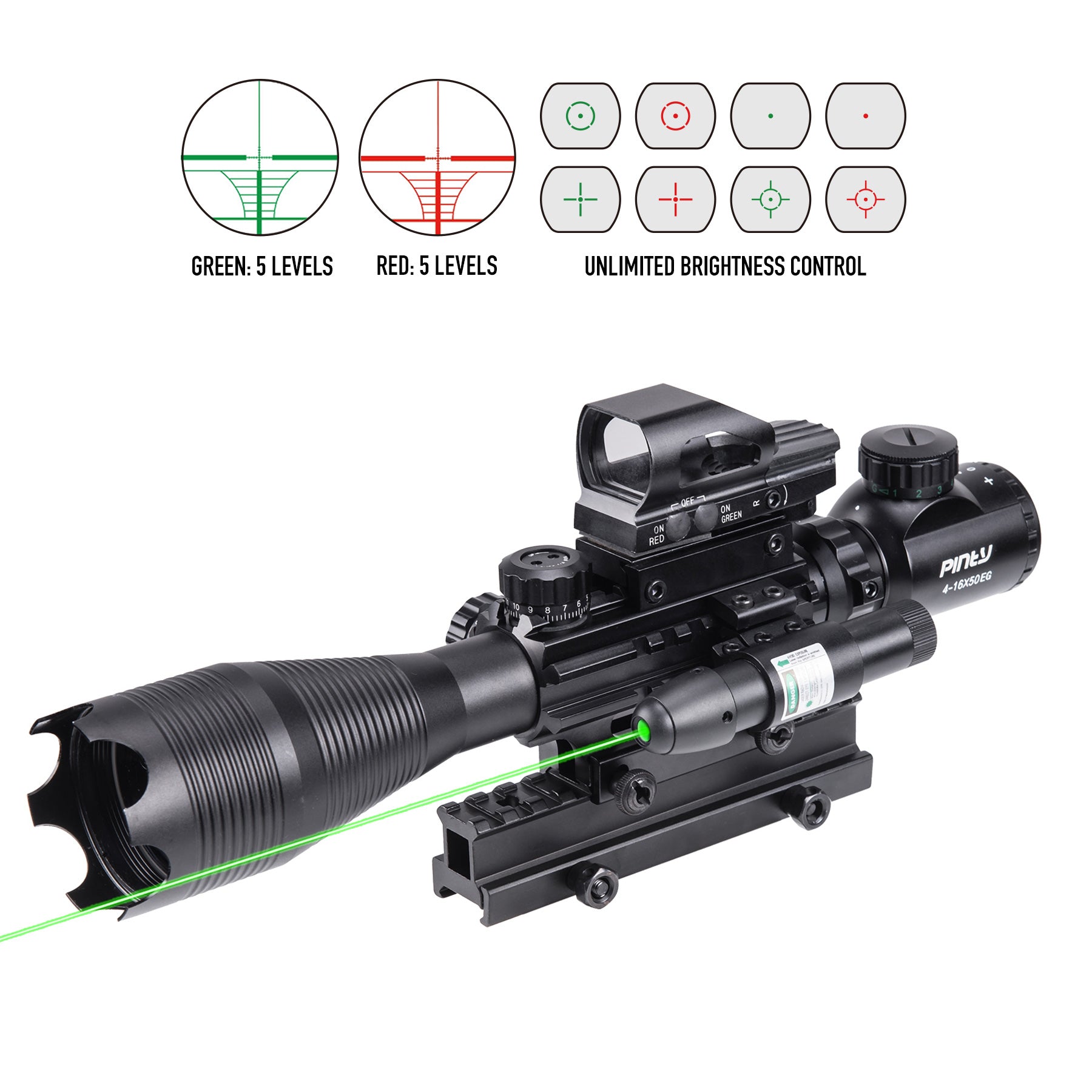 Rifle Scope Combo, 4-16*50mm Rangefinder Scope, Green Laser, Red & Green Dot Sight, 14 Slot Riser