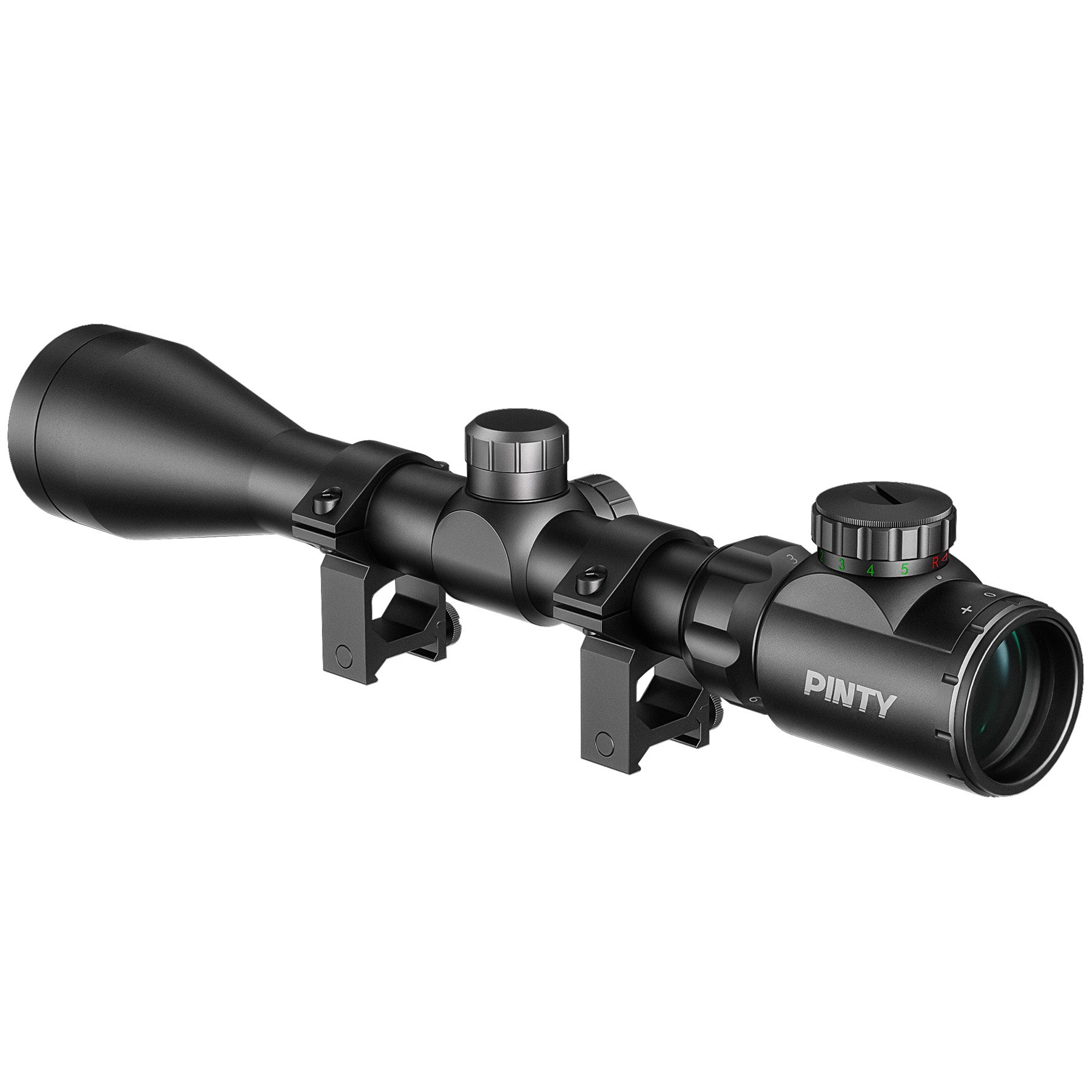 Black Pinty rifle scope on a white background