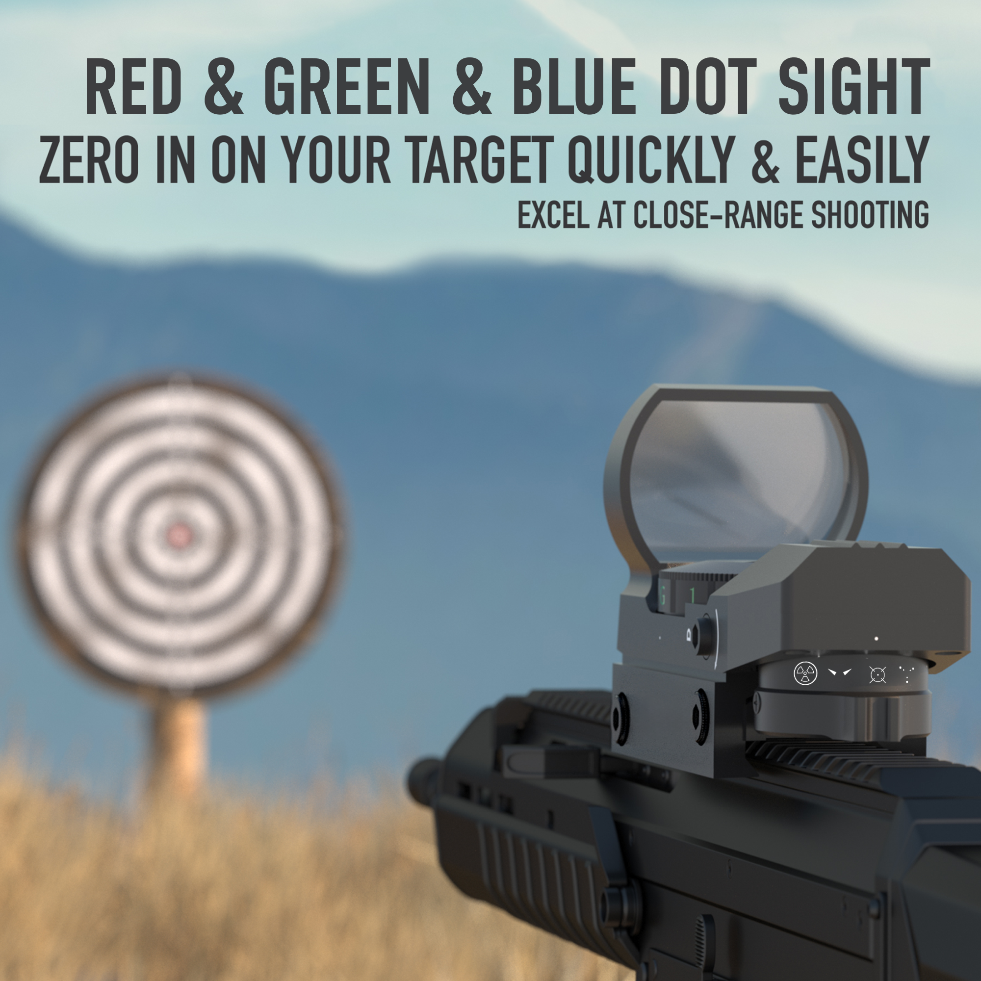 Red & Green & Blue Dot Sight on a rifle with a target in the background
