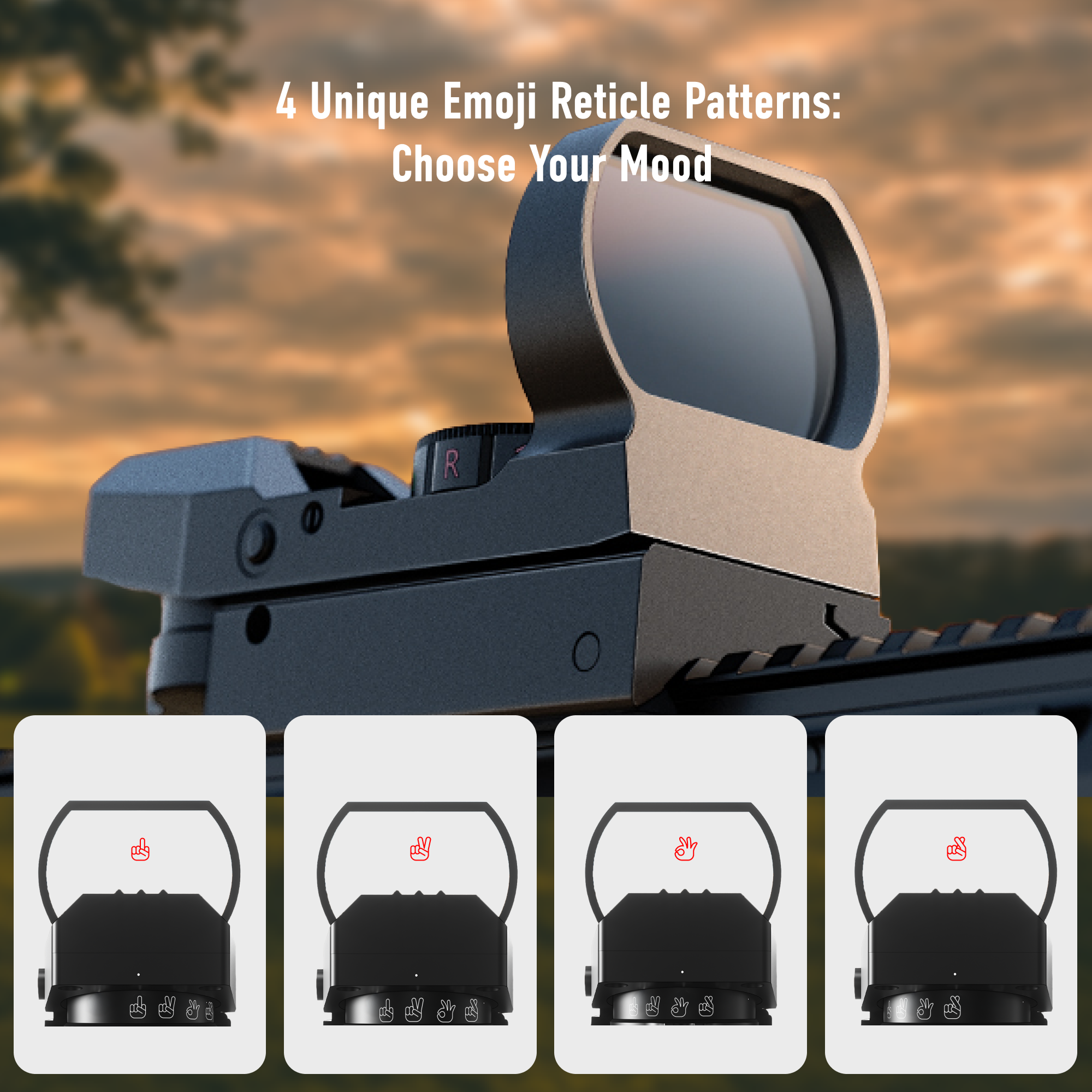 Red dot sight with emoji reticle patterns against a sunset background