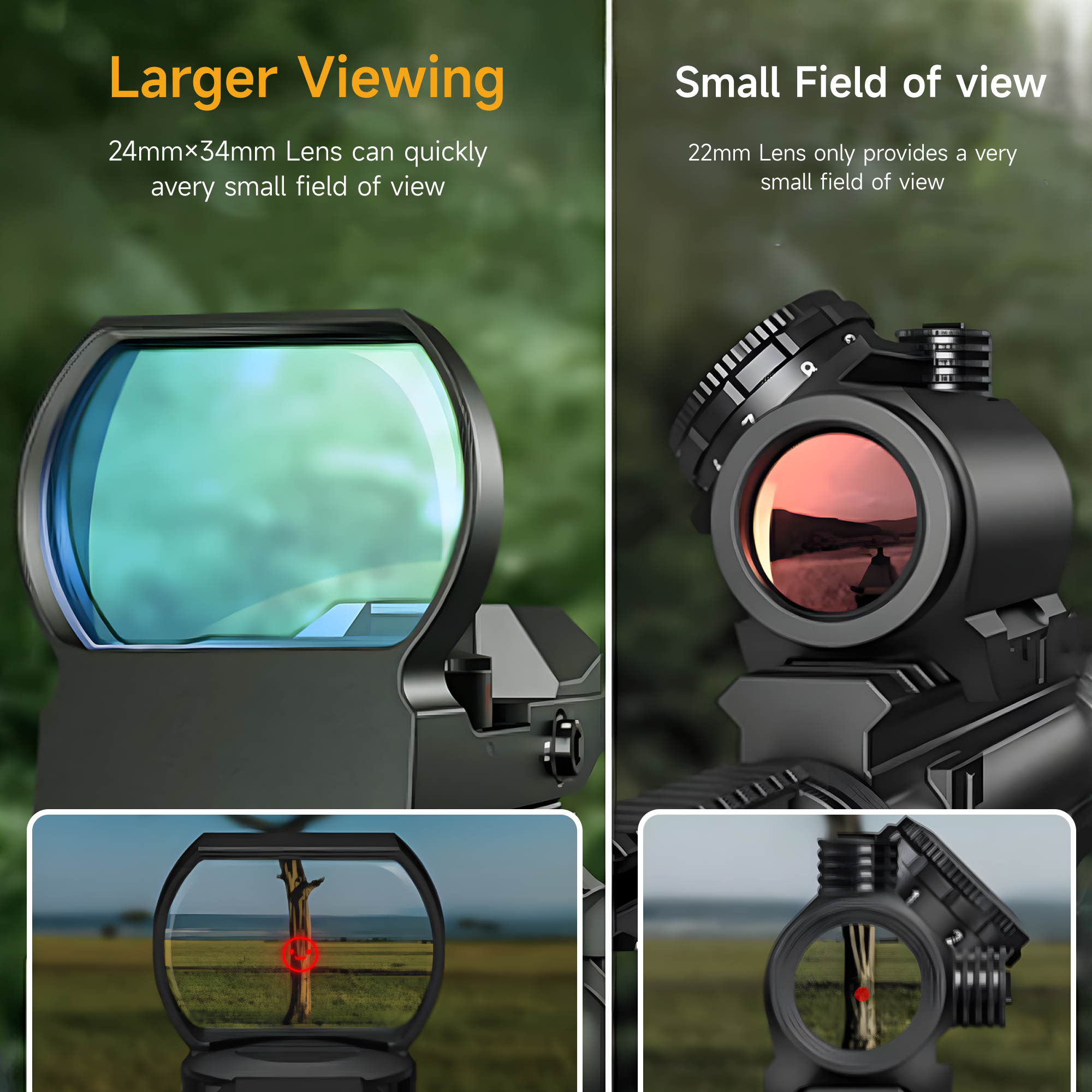 Comparison of two different scopes with text on viewing capabilities.