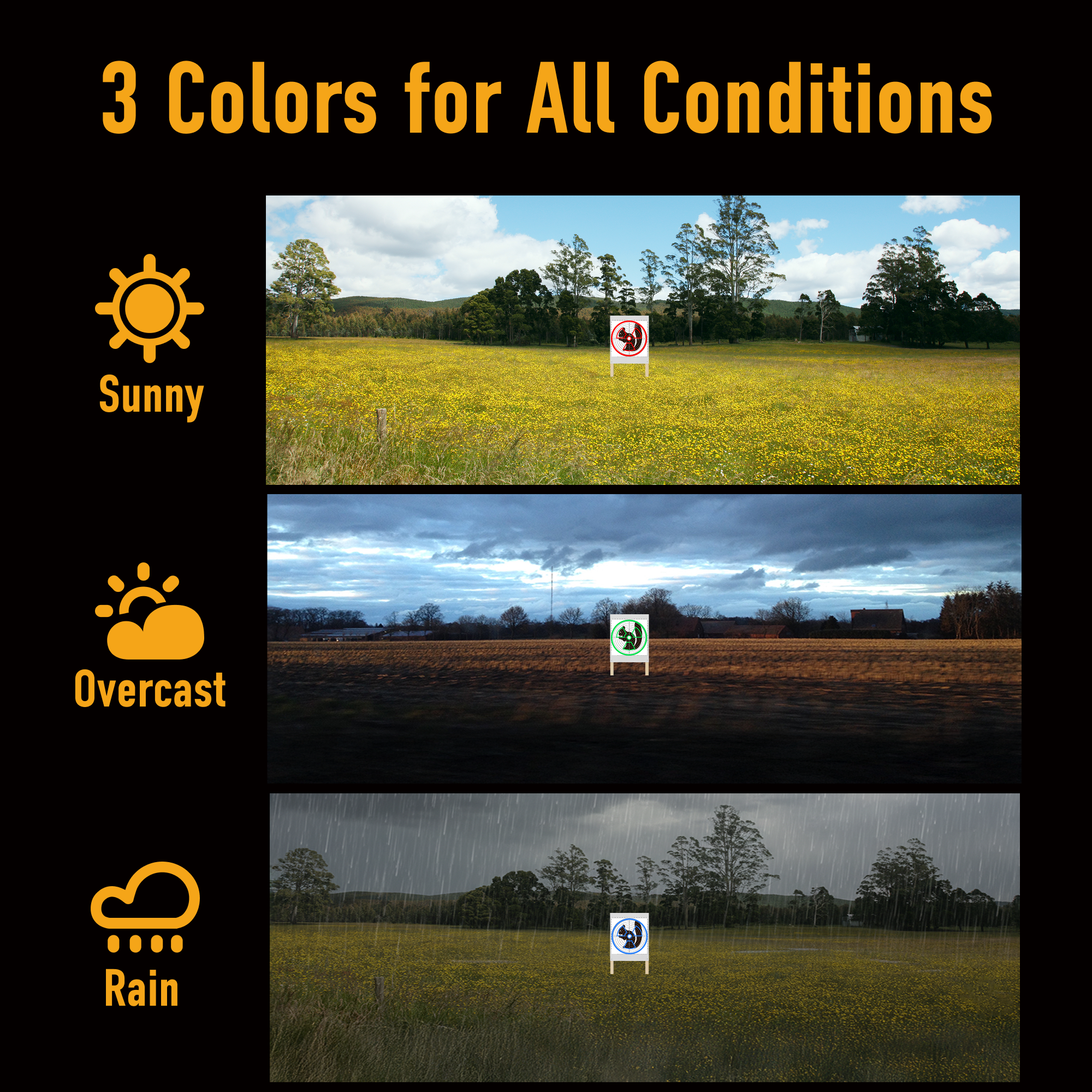 Three different weather conditions displayed with corresponding images of a field and sign.