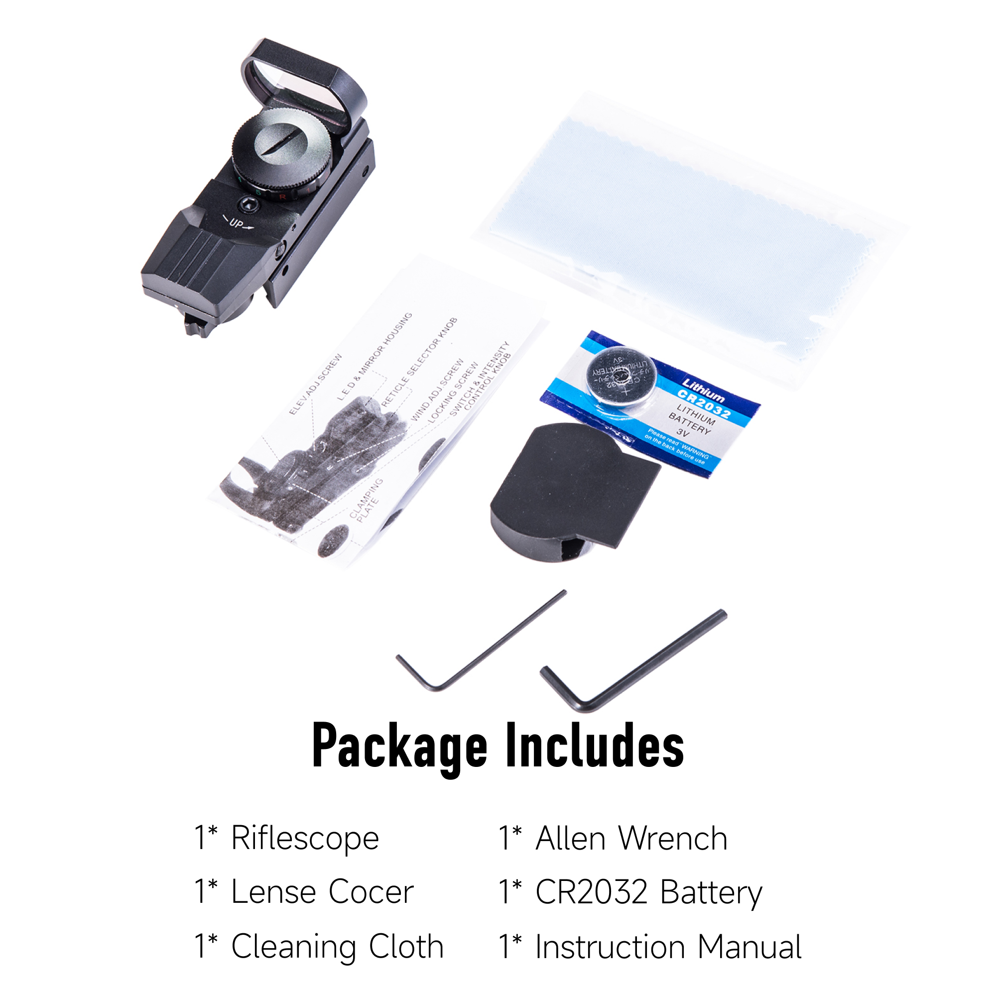 Riflescope kit with components on a white background
