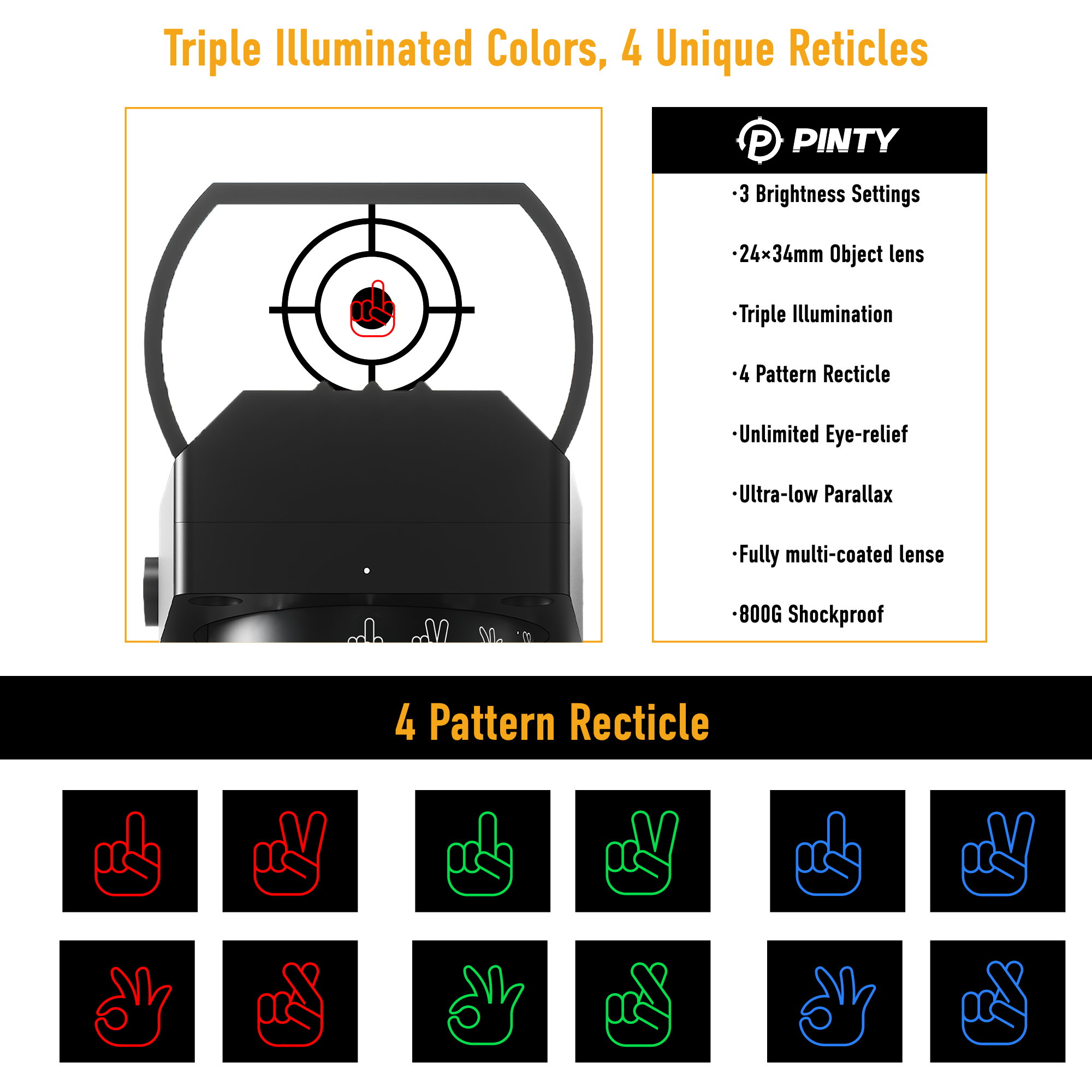 PINTY target with illuminated colors and reticles on a white background