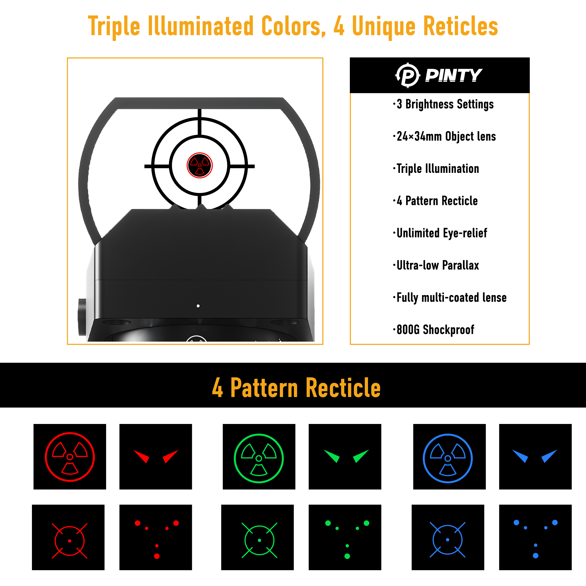 Pinty target with illuminated colors and reticles on a white background