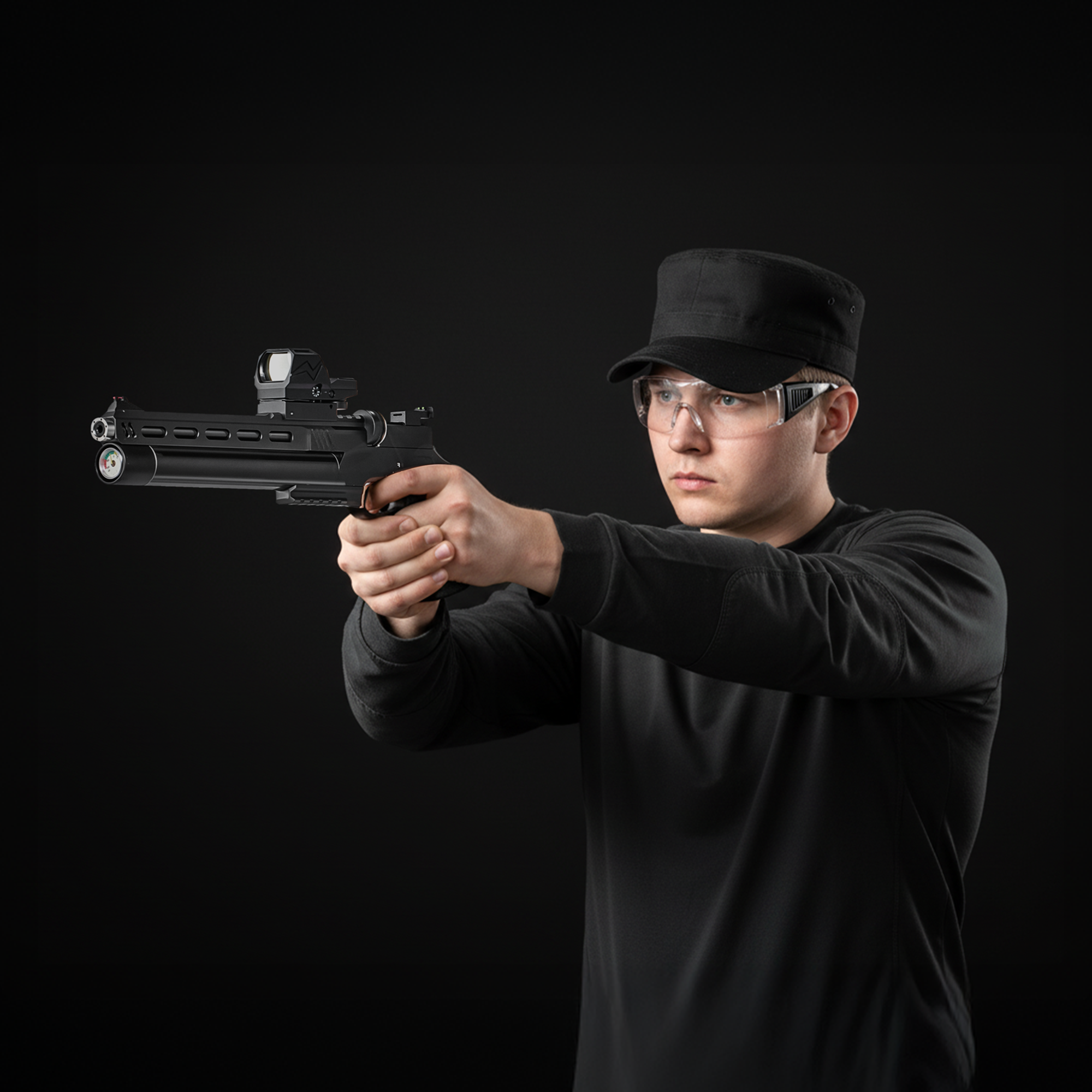 Person holding a handgun with a black background