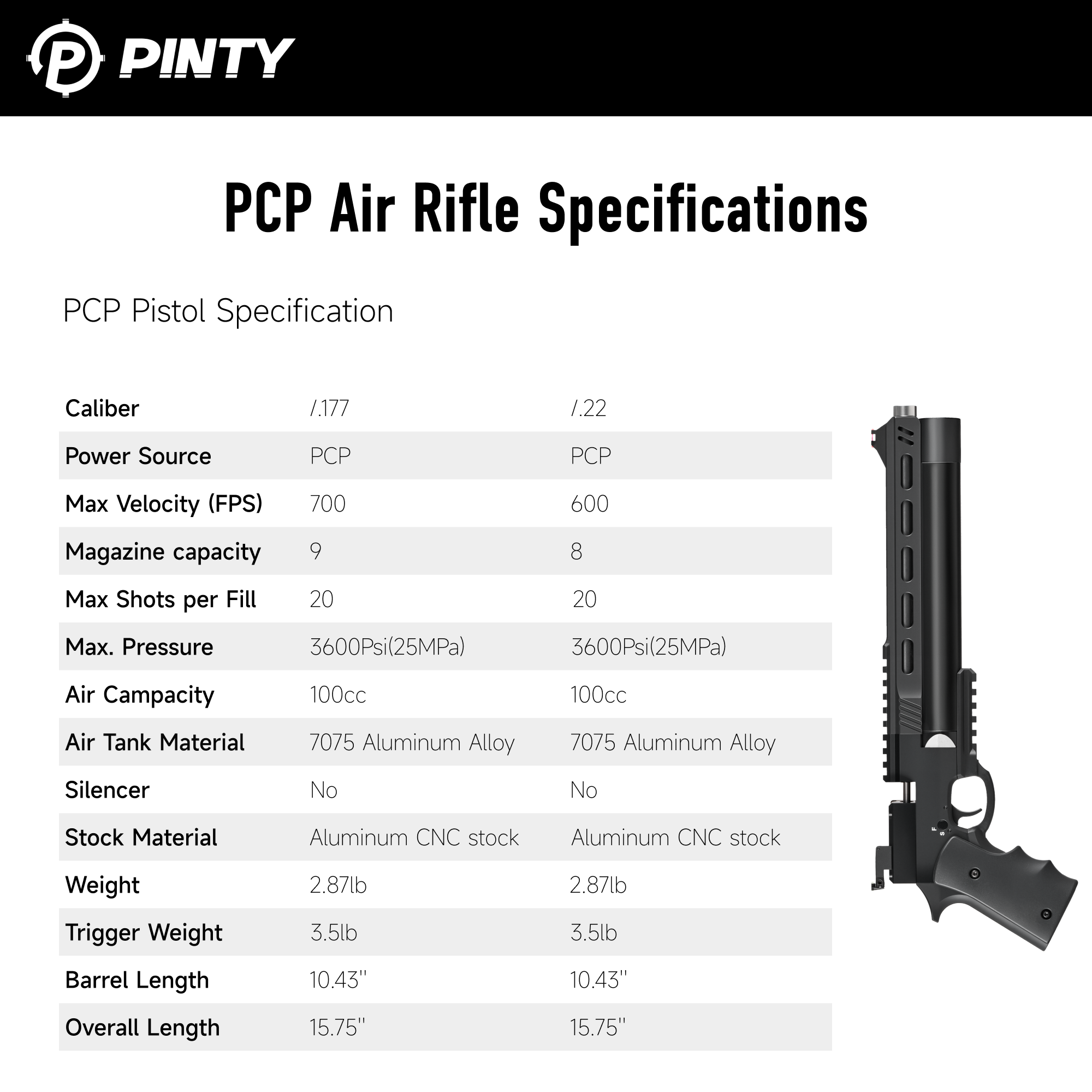 PCP air rifle specifications table with Pinty branding