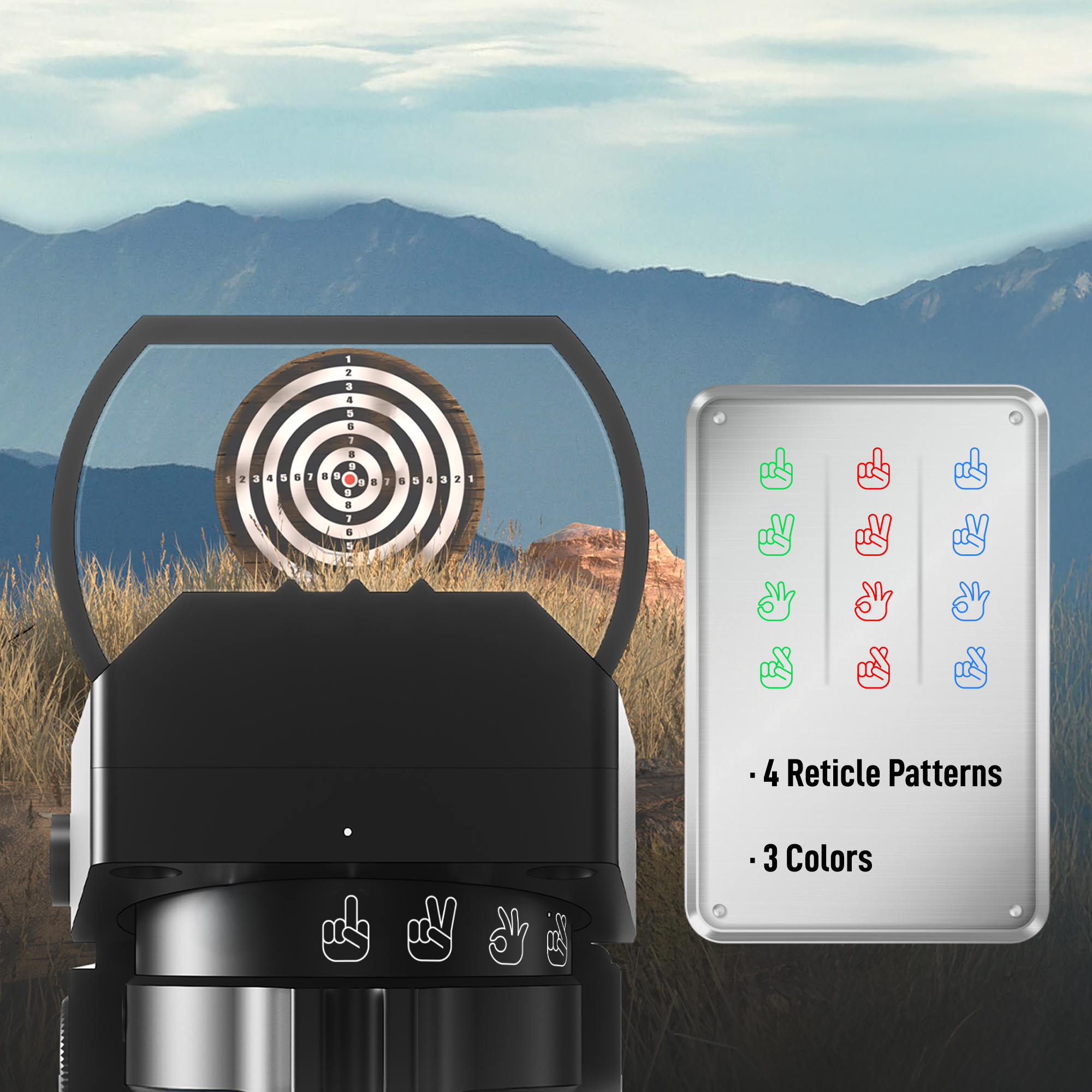 Hunting scope with target reticle and color options against a mountainous landscape