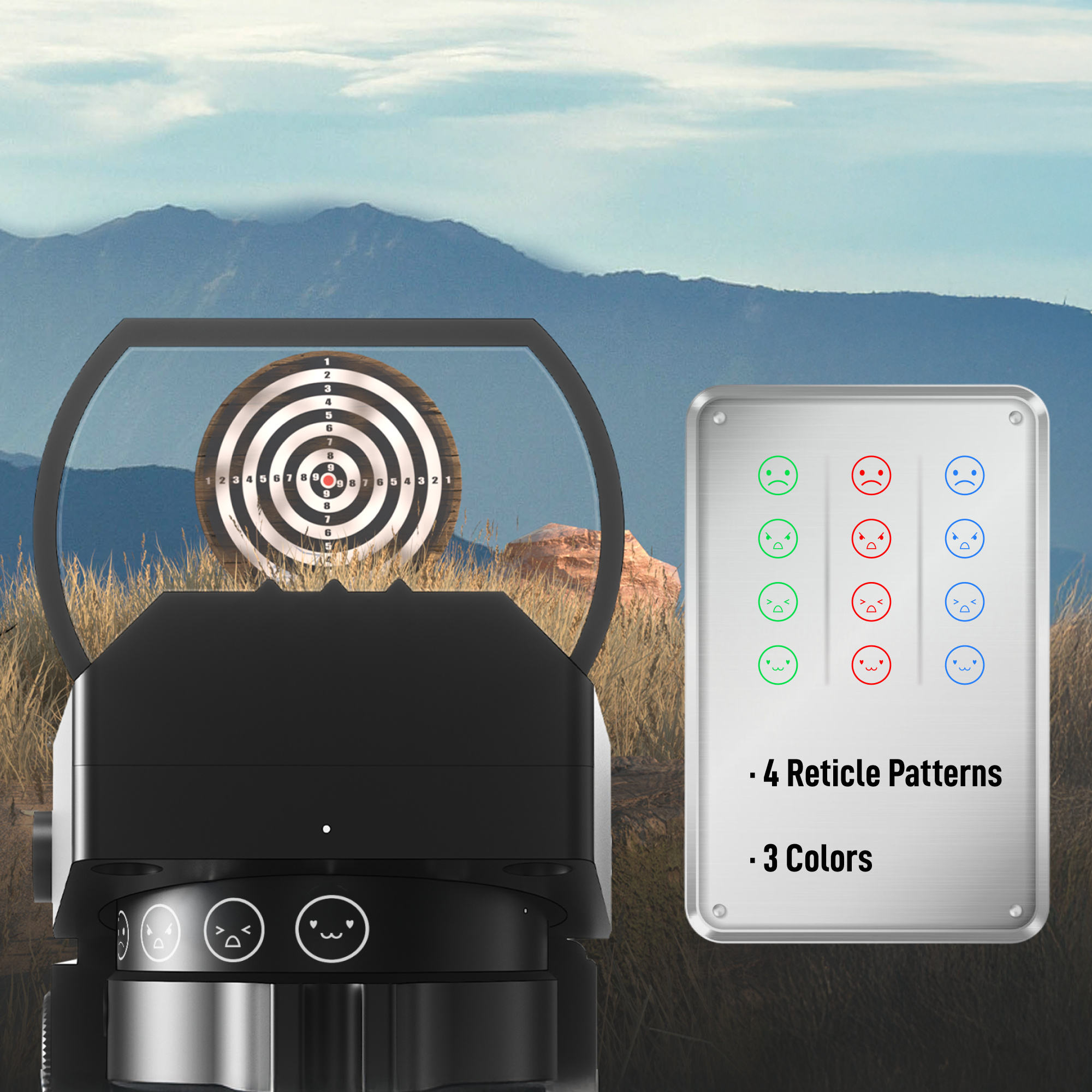 Target practice device with reticle patterns and color options against a mountainous landscape.