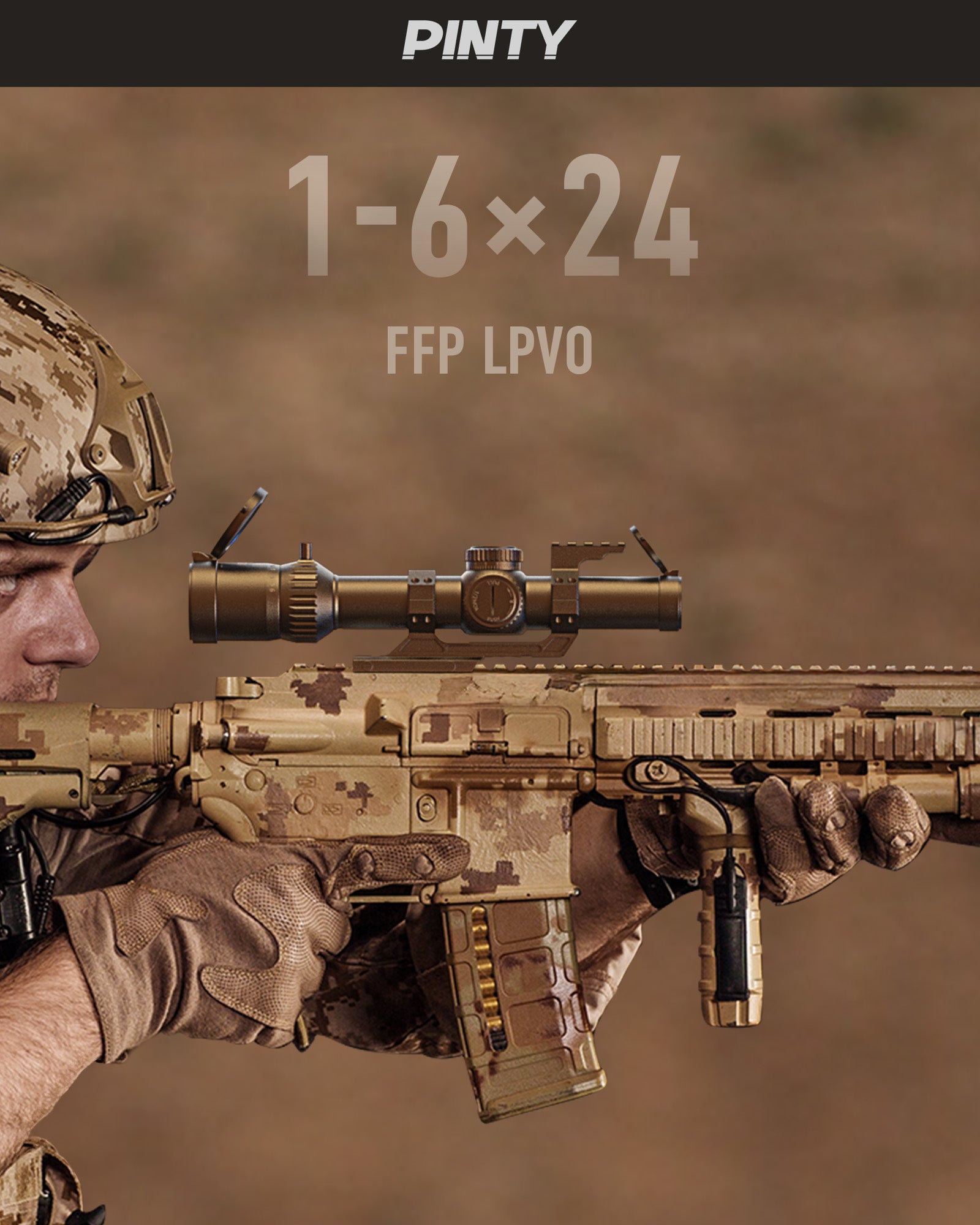 Soldier holding a rifle with a scope, featuring the brand 'PINTY'.