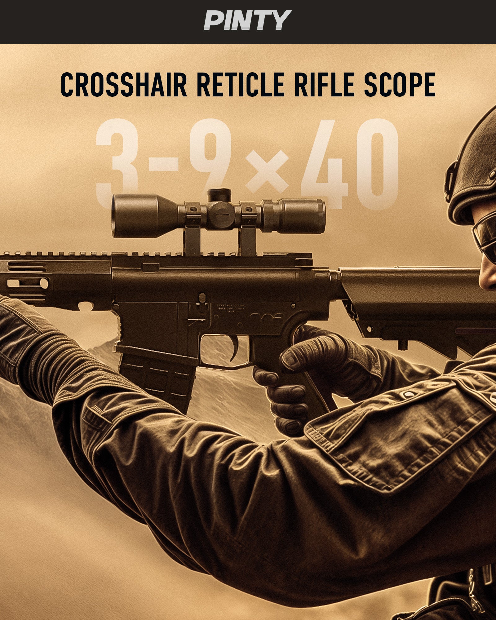 Rifle with crosshair reticle rifle scope held by a person, PINTY brand visible