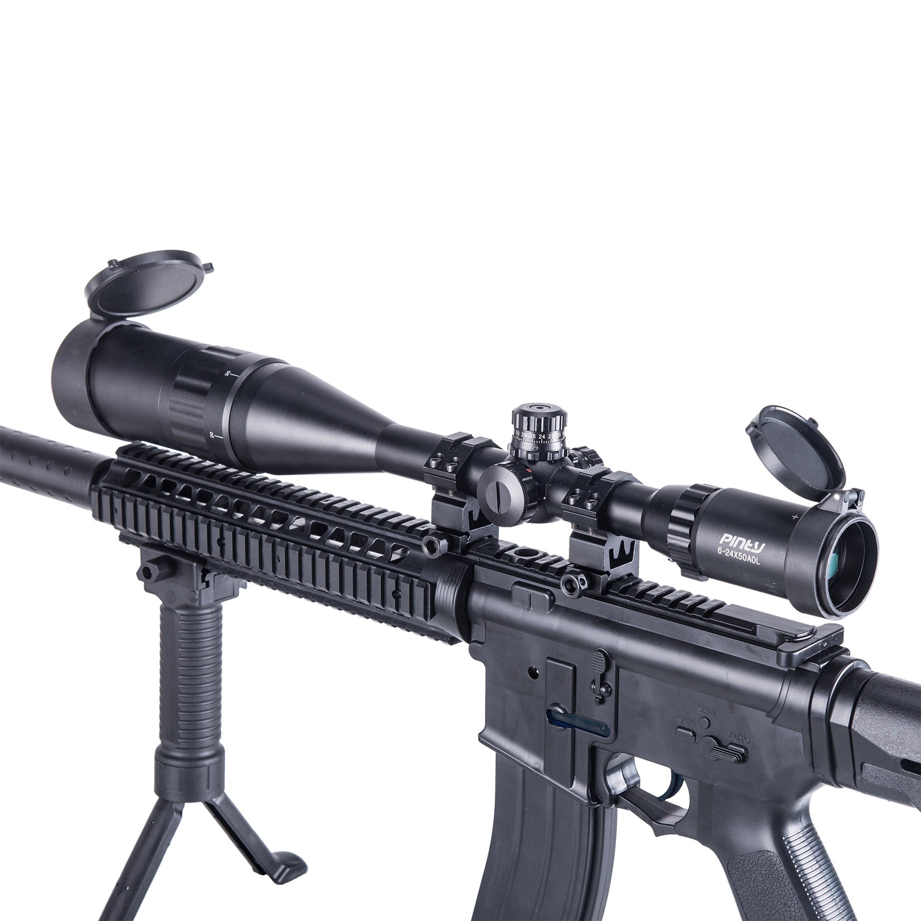 【BUY 1 GET FREE BIPOD & LASER】6-24x50 AO illuminated mil dot riflescope with sunshade tube, flip-up cap and ring mount high-profile picatinny rings