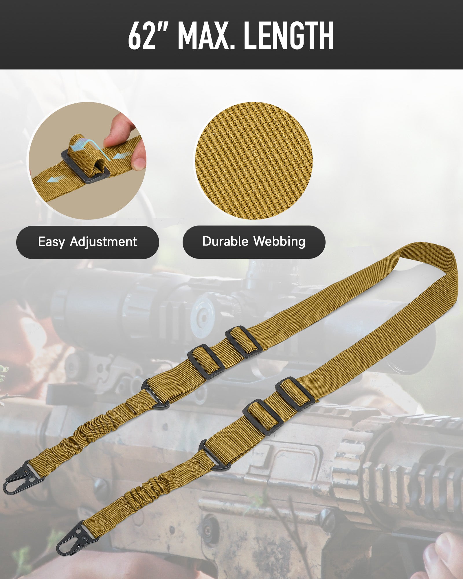 Two Point Rifle Sling, 62" Rifle Carry Strap with Adjustable Length