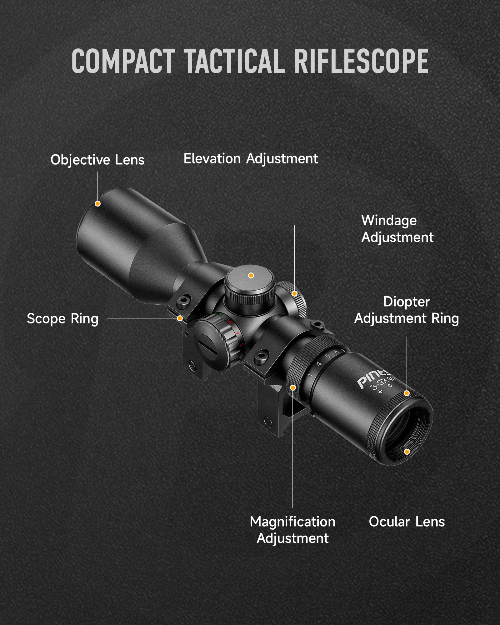 3-9x40 Rifle Scope Mil-Dot Reticle Compact Tactical Hunting Scope