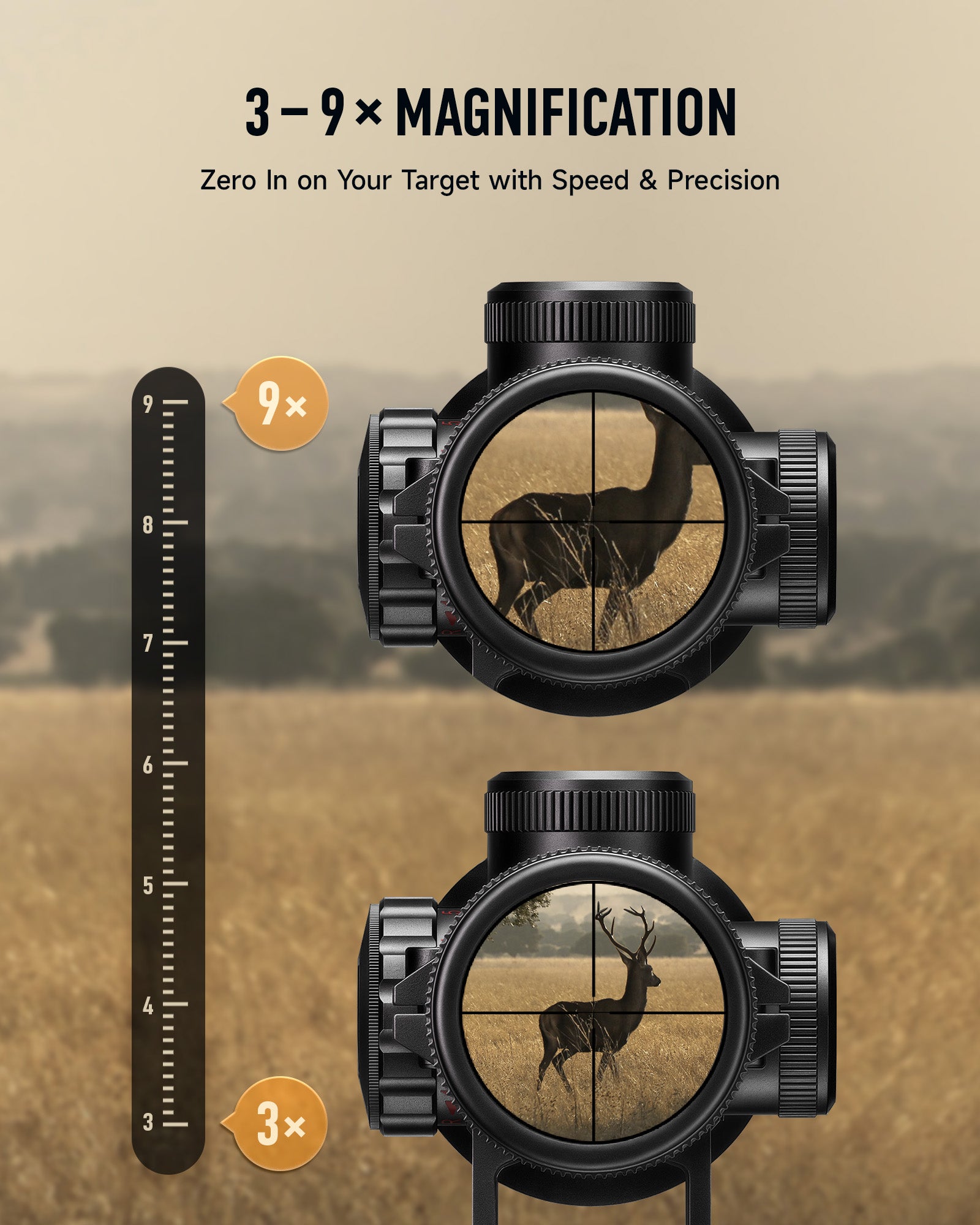 Scopes with magnification indicators on a natural background