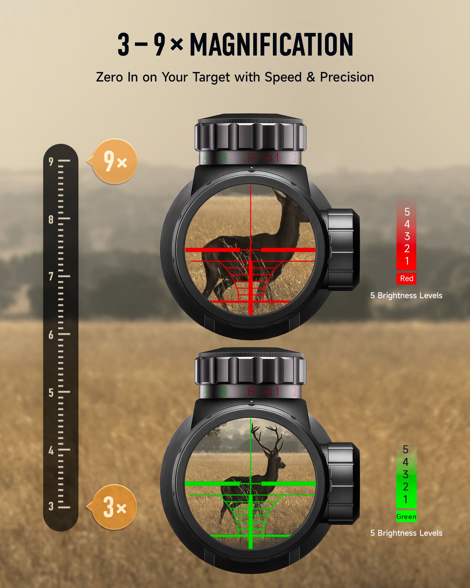 Two rifle scopes with magnification and brightness level indicators on a beige background.
