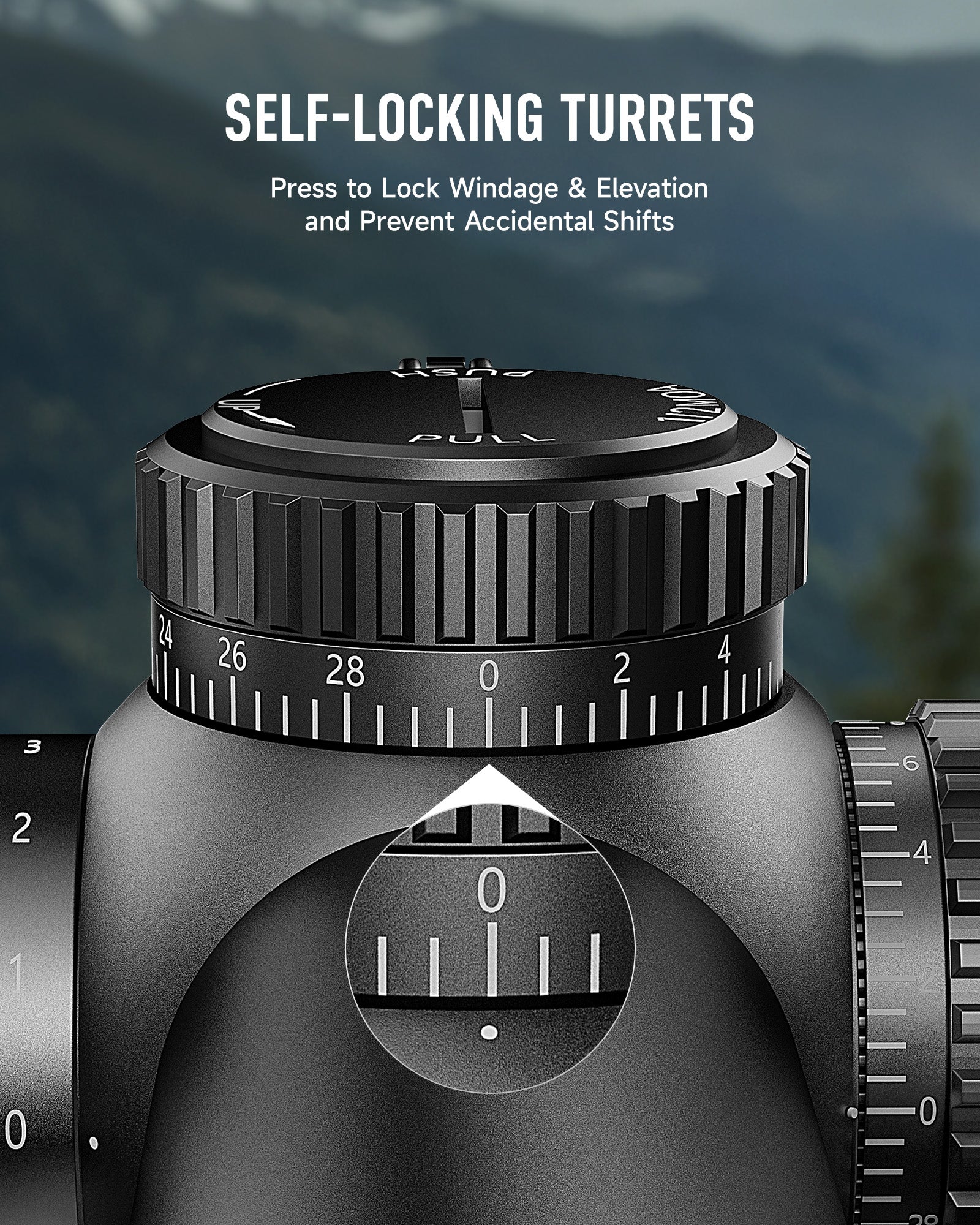 Close-up of a camera lens with self-locking turrets against a blurred natural background