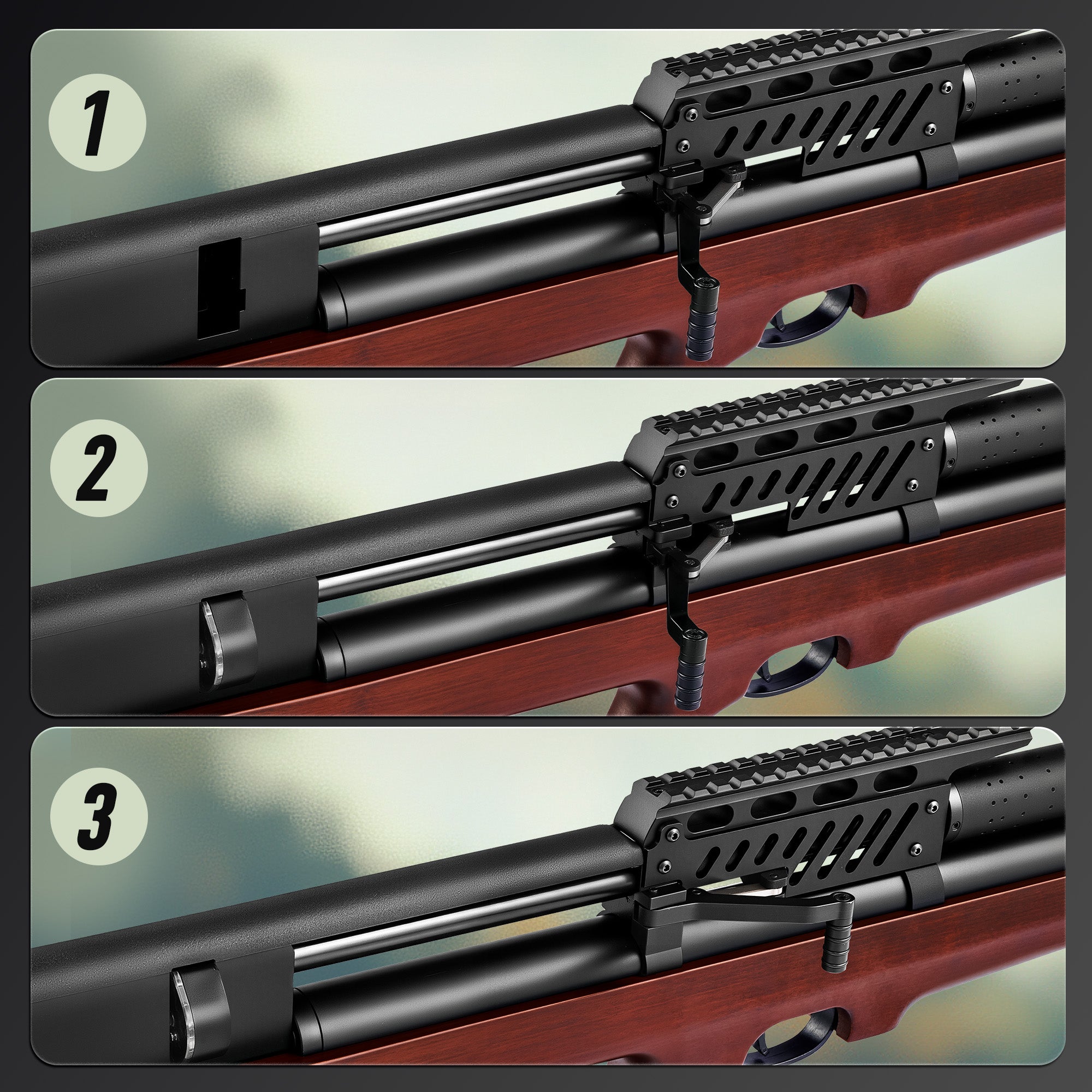 Close-up of a rifle with a scope on a blurred background