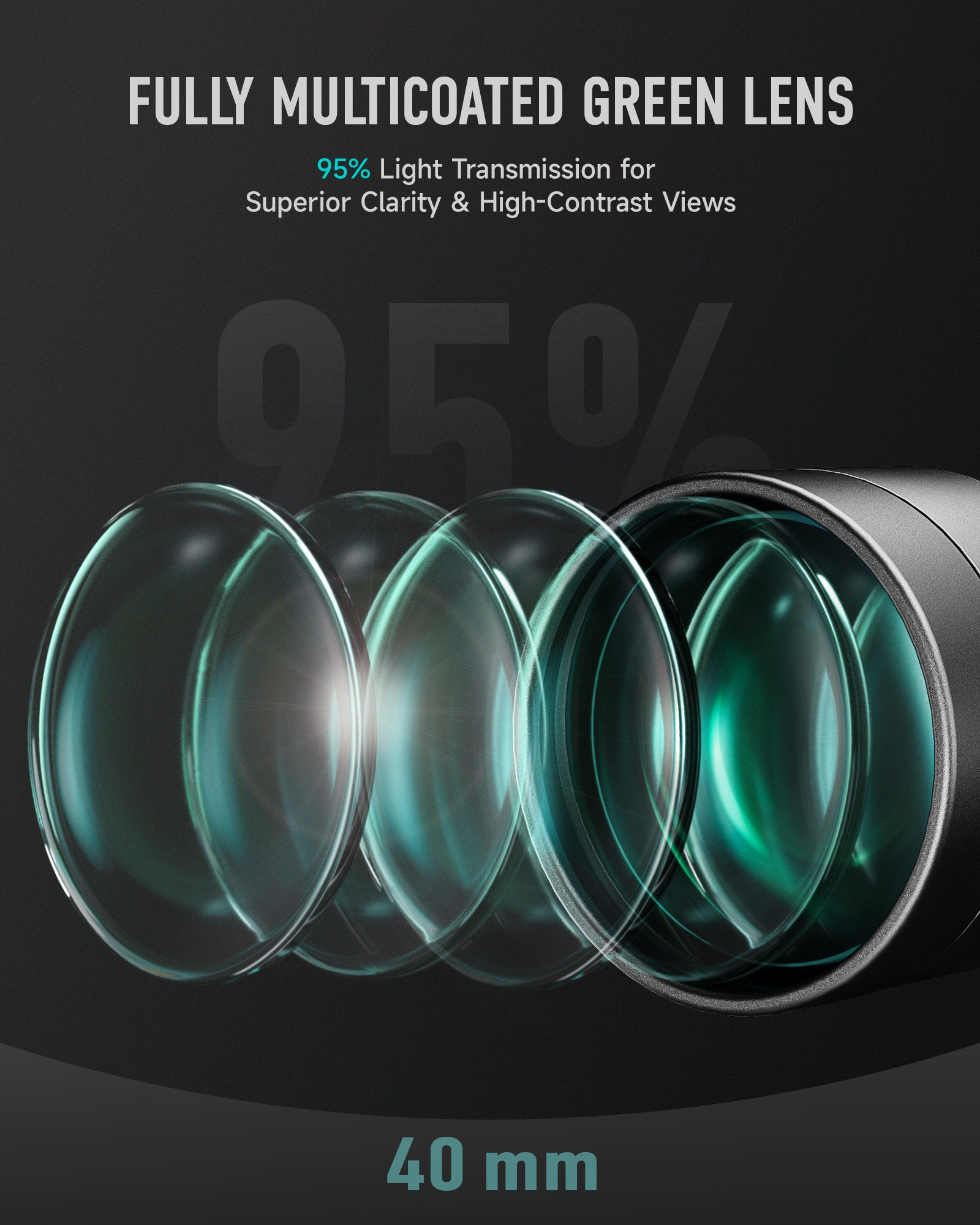 Fully multicoated green lens with 95% light transmission on a dark background