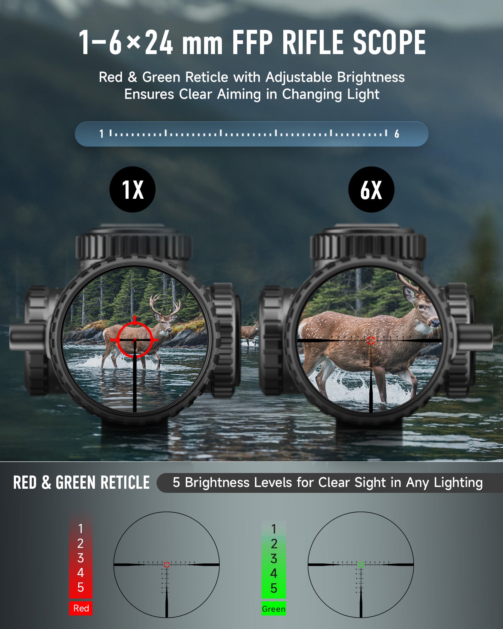 Rifle scope with red and green reticle and adjustable brightness, displayed with a deer in the background.