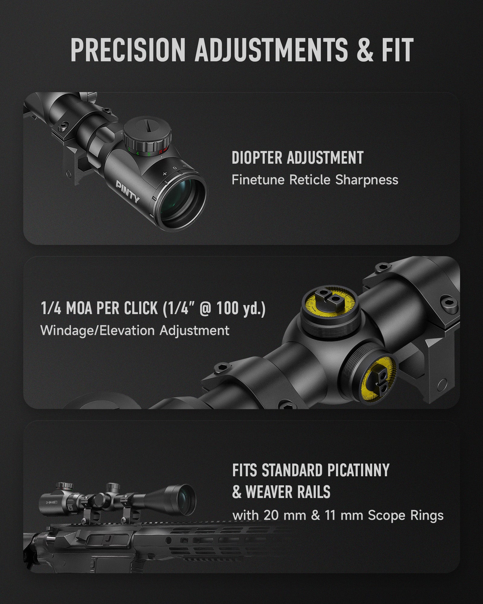 Riflescope with diopter adjustment and fit information on a black background
