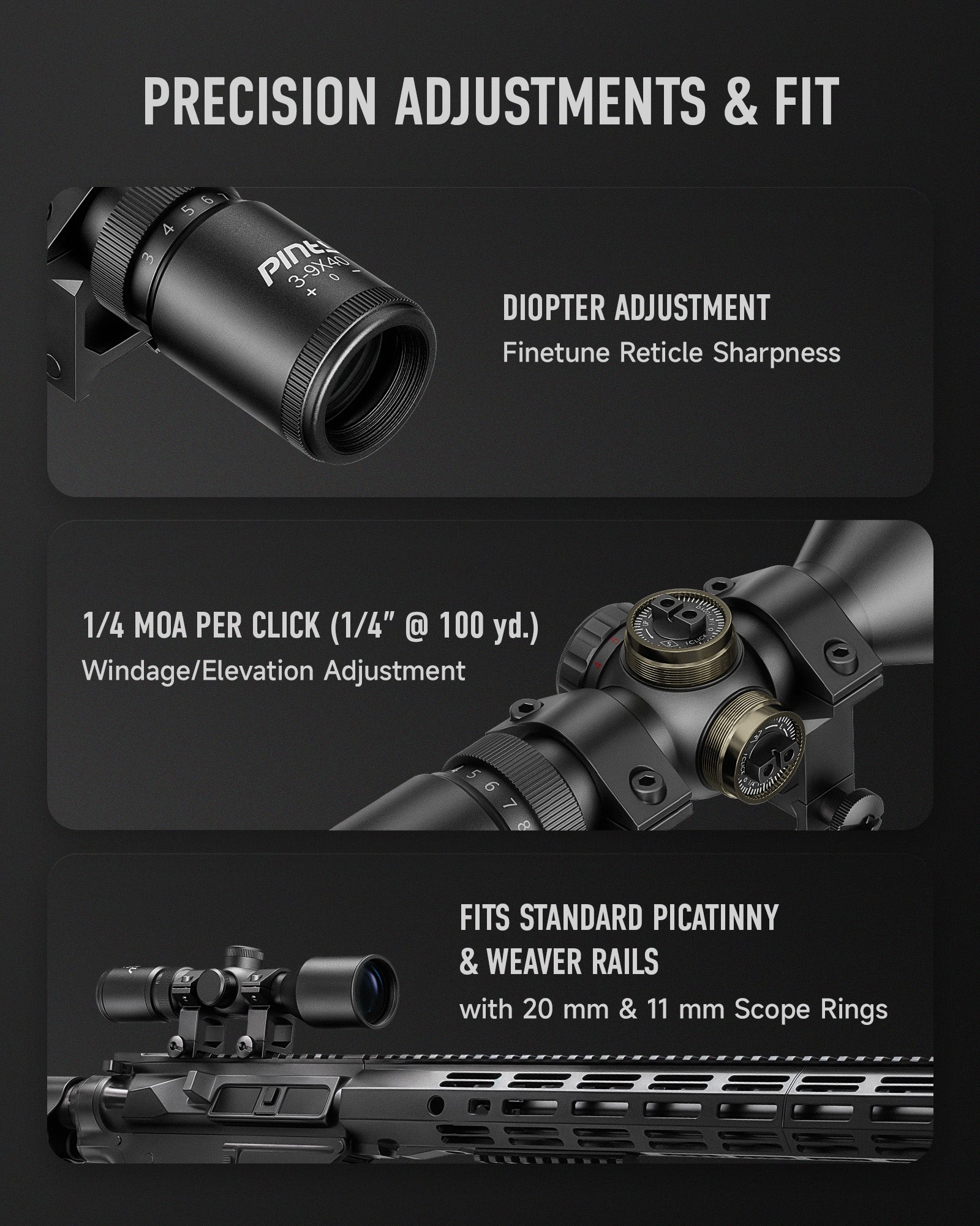 Weapon scope with diopter adjustment and fit information on a black background