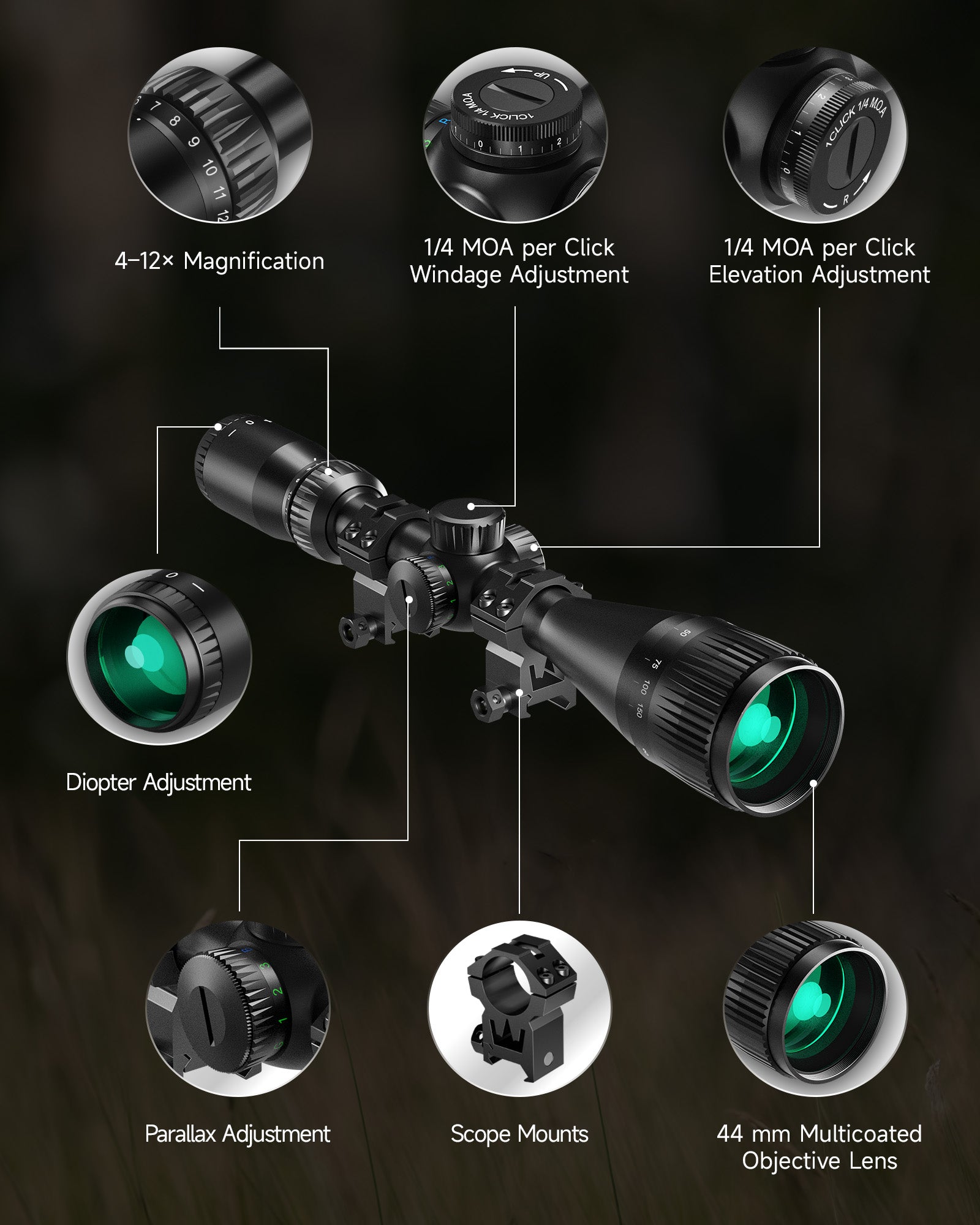 Riflescope Bcd Reticle for Hunting Target Shooting Free Mount Ring
