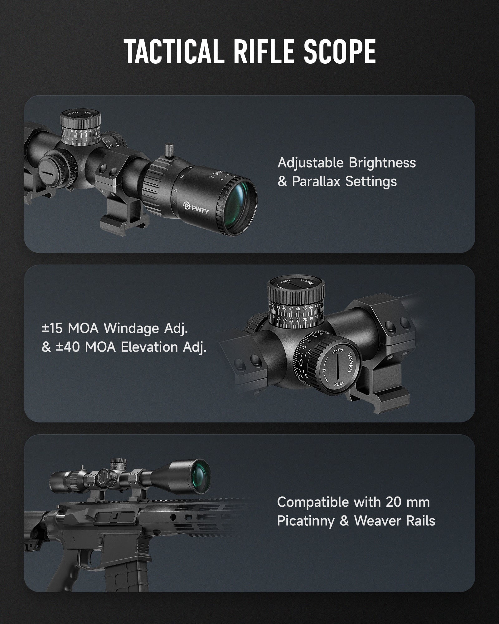 Tactical rifle scope with adjustable brightness, parallax settings, and compatibility details on a dark background.