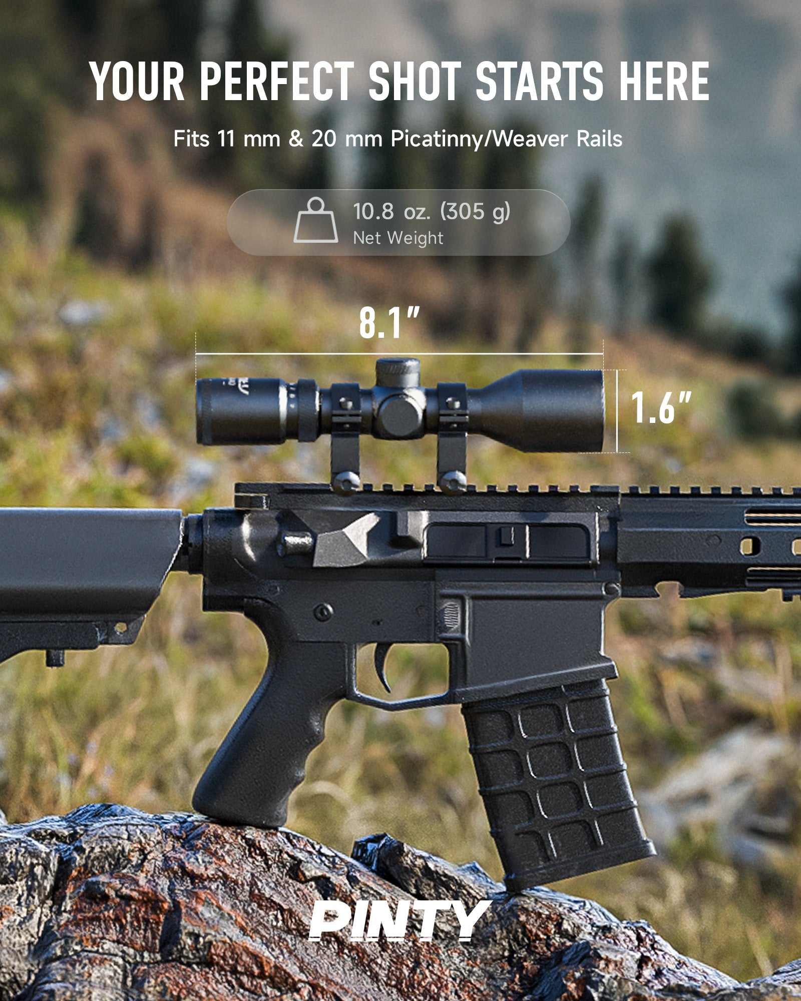 Rifle scope on a rifle with measurement details and 'PINTY' branding.