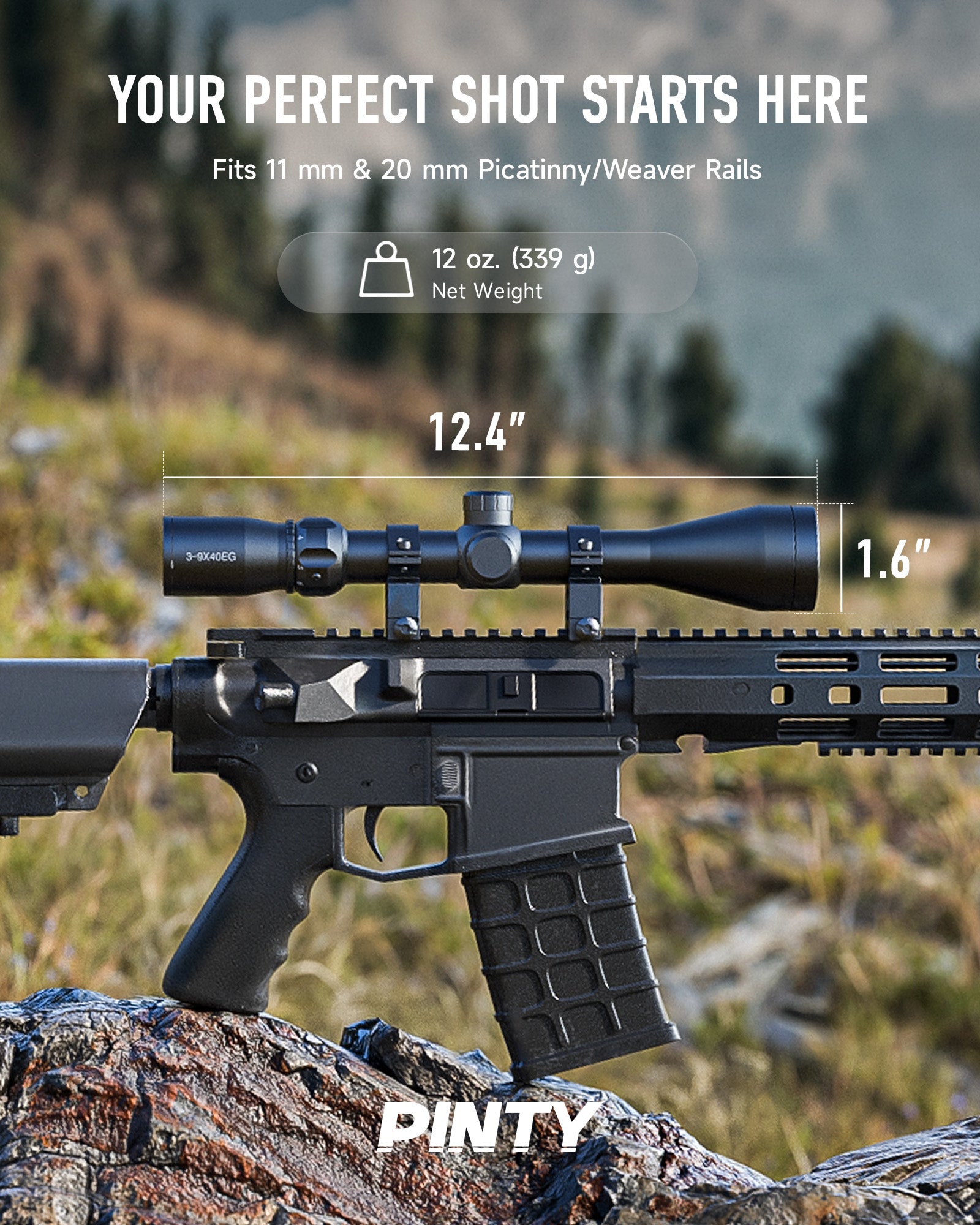 Rifle scope with measurement details on a natural background, featuring the brand 'PINTY'.
