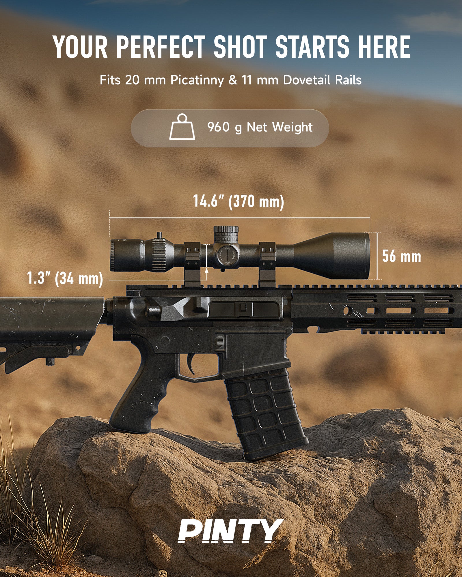 Rifle scope with measurement details on a desert background, featuring the brand 'PINTY'.