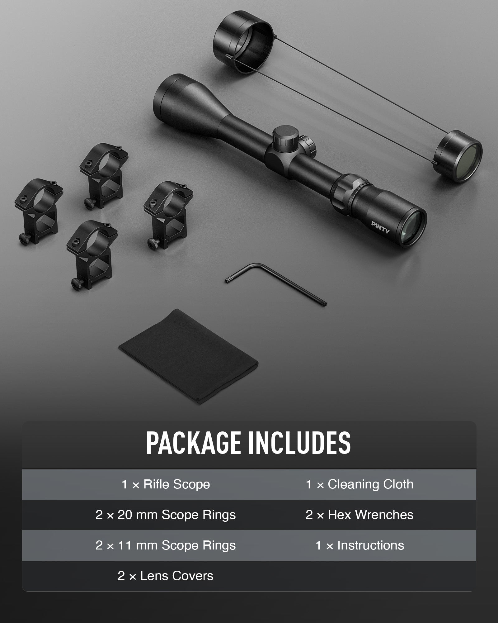 Rifle scope with accessories on a gray background
