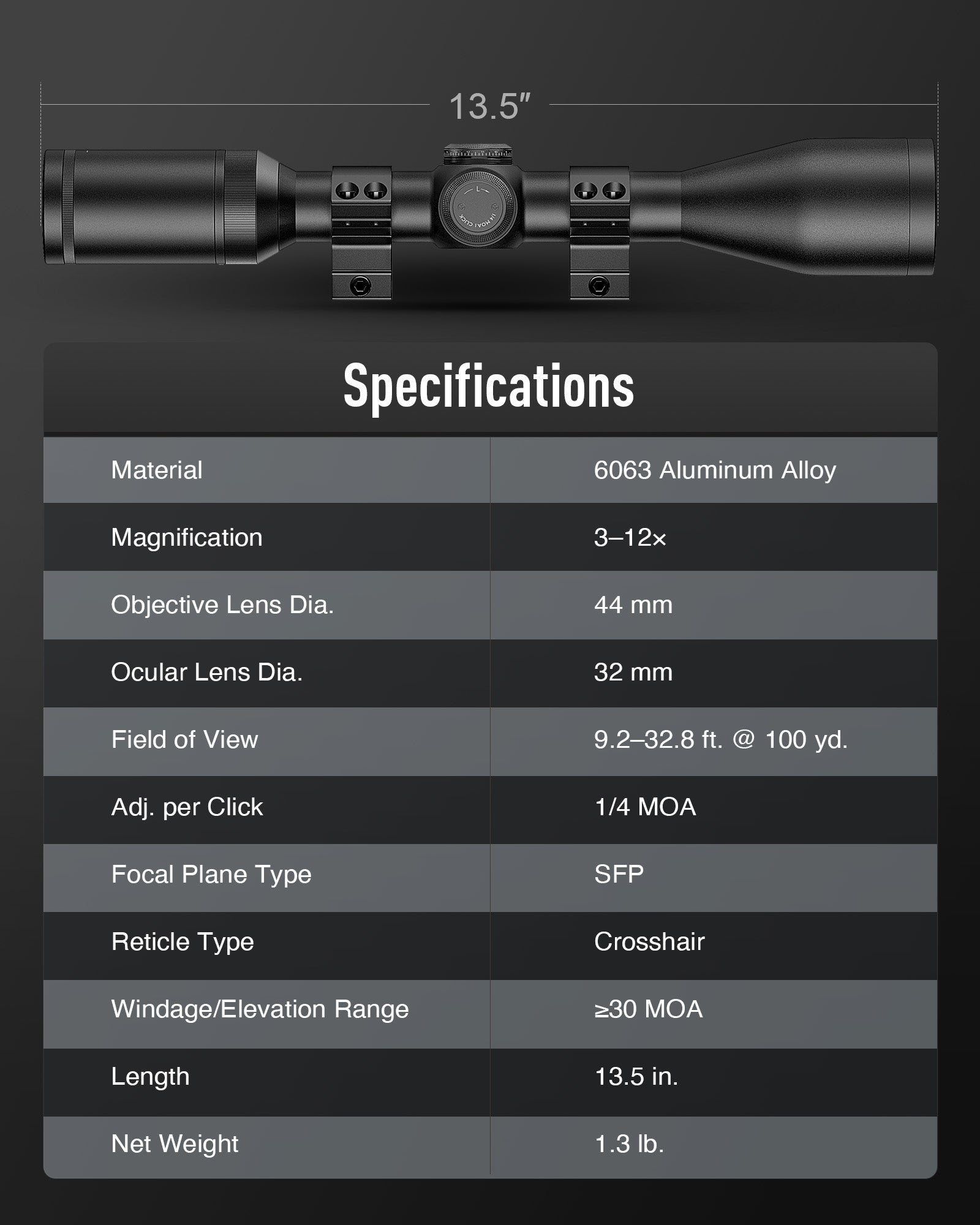 3-12x44 Rifle SFP Airsoft Optical Scope with R-02 Crosshair Reticle