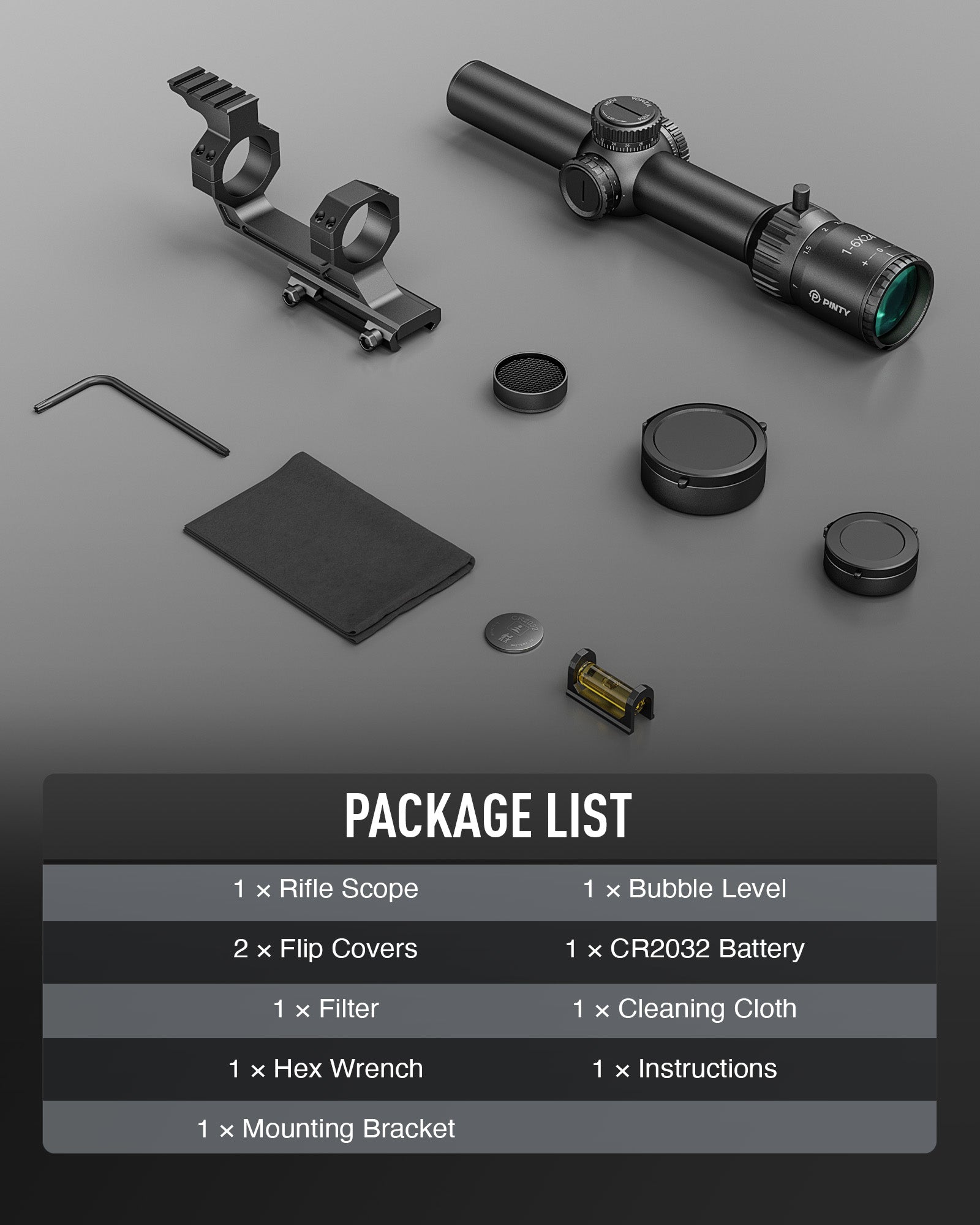 Rifle scope components on a gray surface with a package list below.