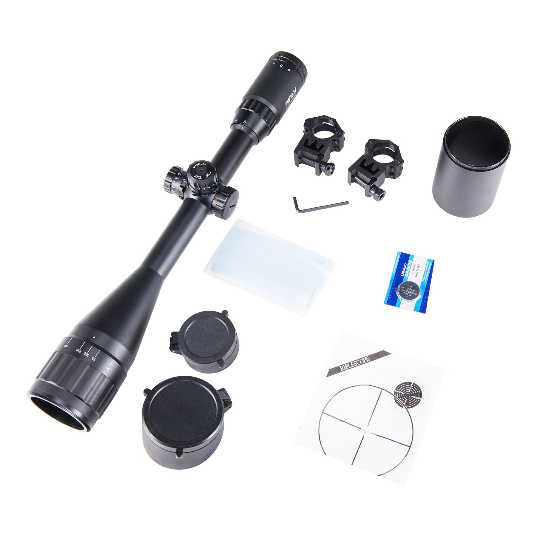 【BUY 1 GET FREE BIPOD & LASER】6-24x50 AO illuminated mil dot riflescope with sunshade tube, flip-up cap and ring mount high-profile picatinny rings