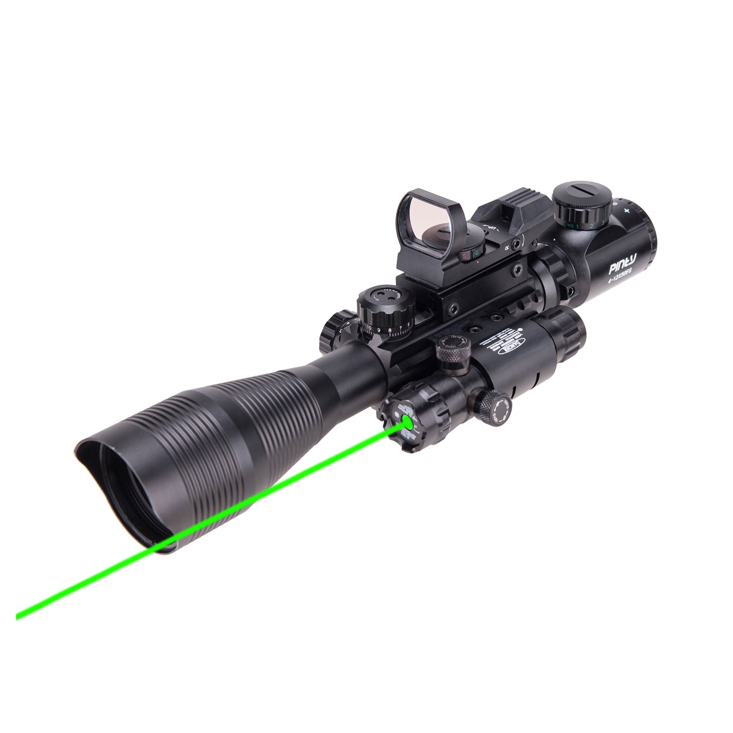 Pinty 3-in-1 Rifle Scope Combo, 4-12x50mm Rangefinder Scope, Red&Green Reflex Sight, Green Laser