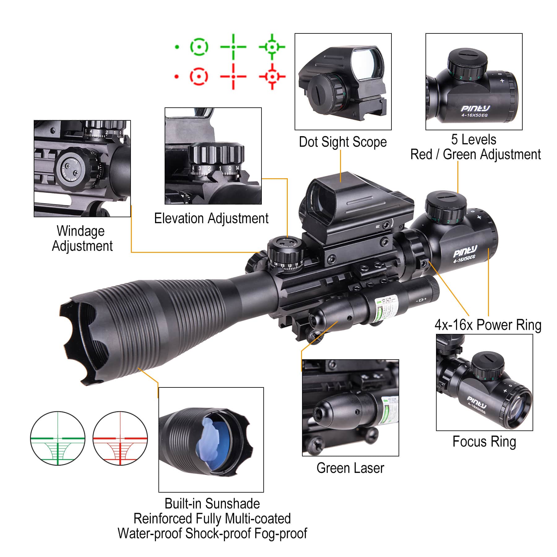 3 in 1 Scope Combo, 4-16x50EG Illuminated Rangefinder Rifle Scope,Green Laser