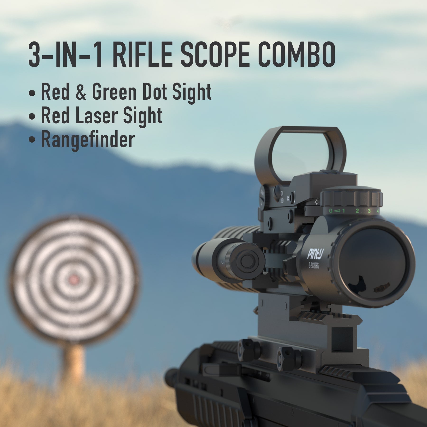    Pinty-Rifle-Scope-3-9x32-Rangefinder-Illuminated-Reflex-Sight-4-Reticle-Red-Dot-Laser-Sight-with-14-Slots-1-inch-High-Riser-Mount-sig-scopes-tactical-scope