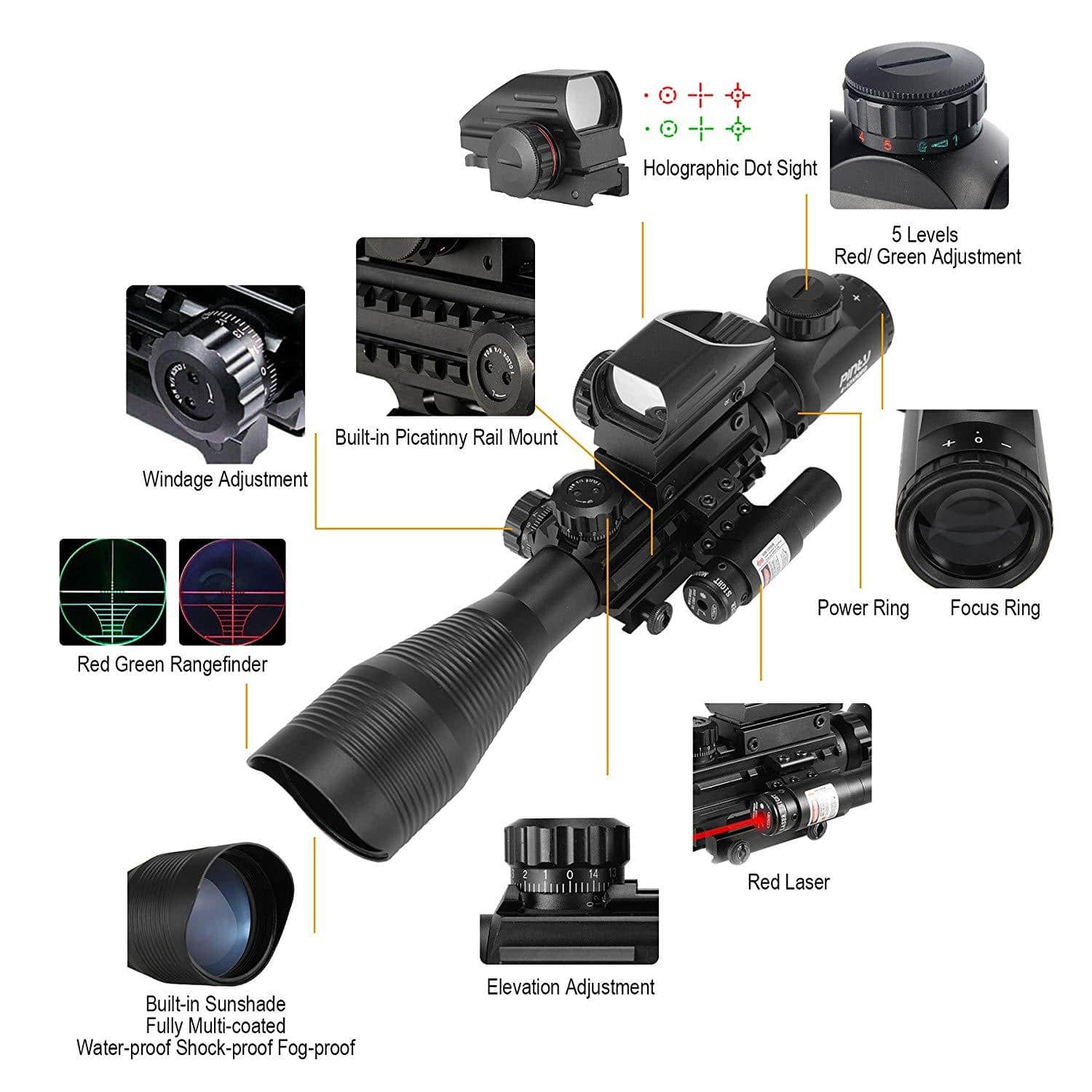 Pinty 3-in-1 Rifle Scope 4-12x50mmEG Rangefinder/Tactical Reticle Scope/Laser Sight & hunting optics-gun scopes