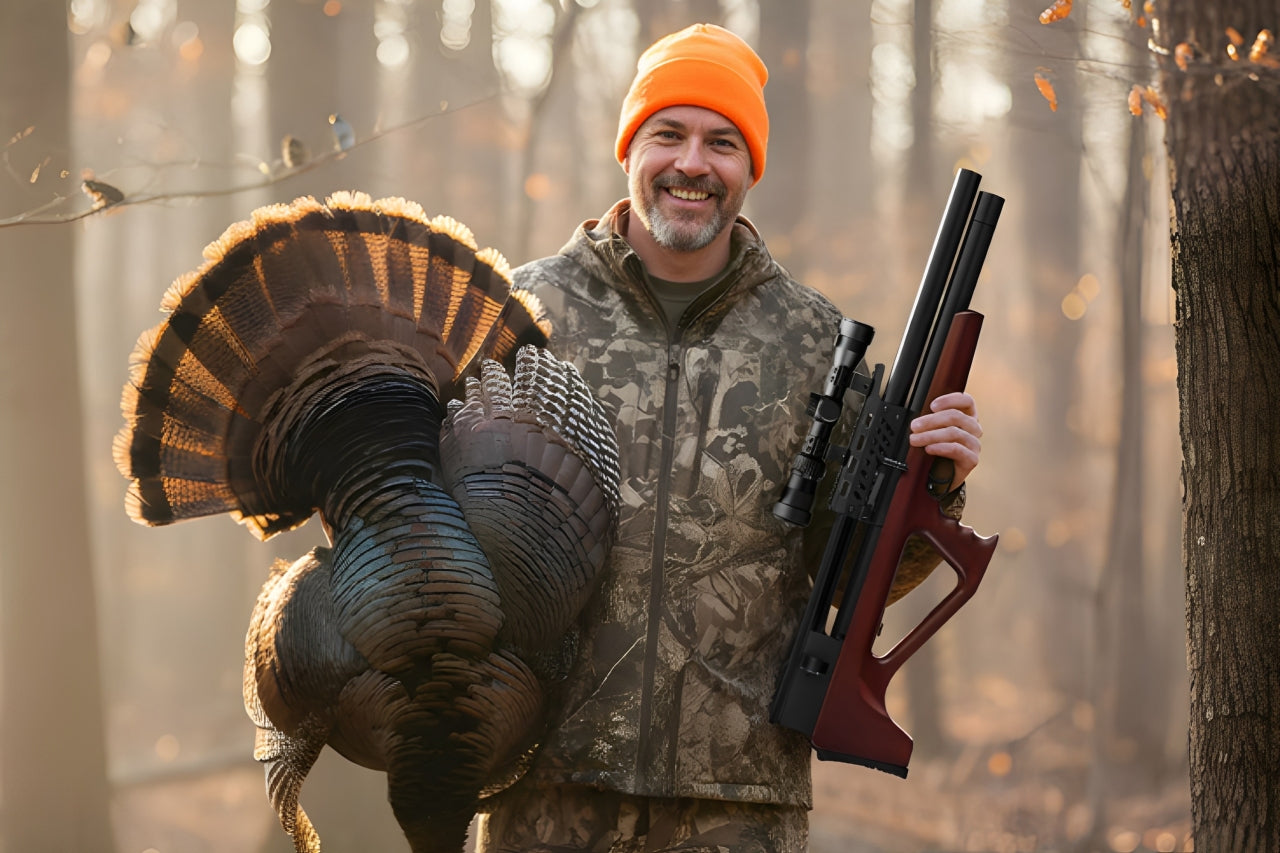 a man holding up a wild turkey he killed with an air rifle
