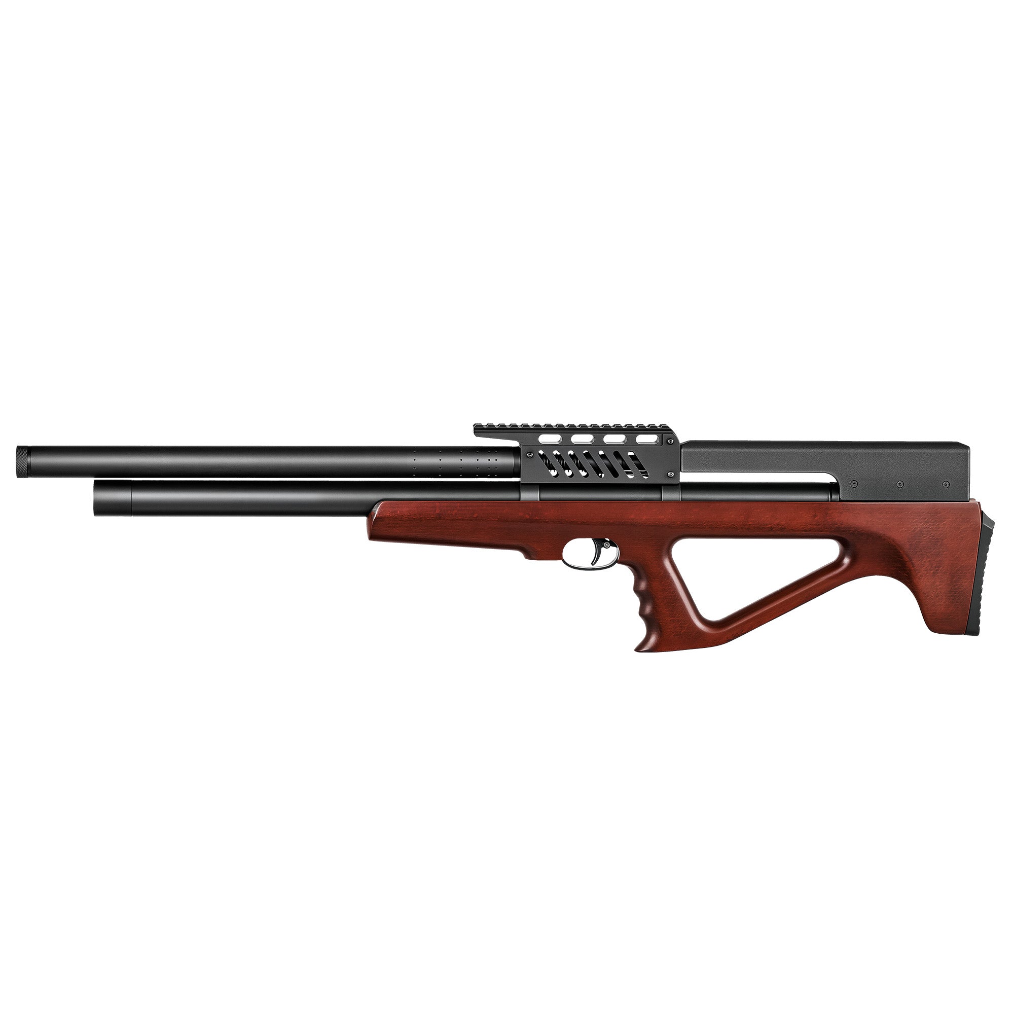 Air gun with wooden stock and metal barrels on a white background