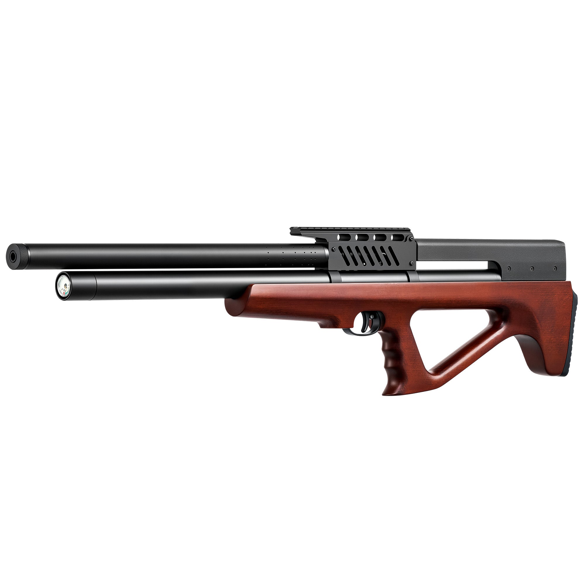 Air gun with brown stock and black barrels on a white background