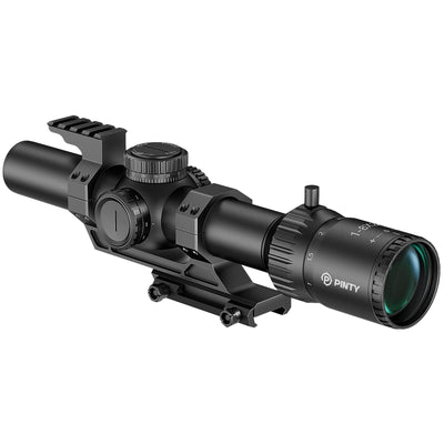 Black rifle scope with Pinty logo on a white background