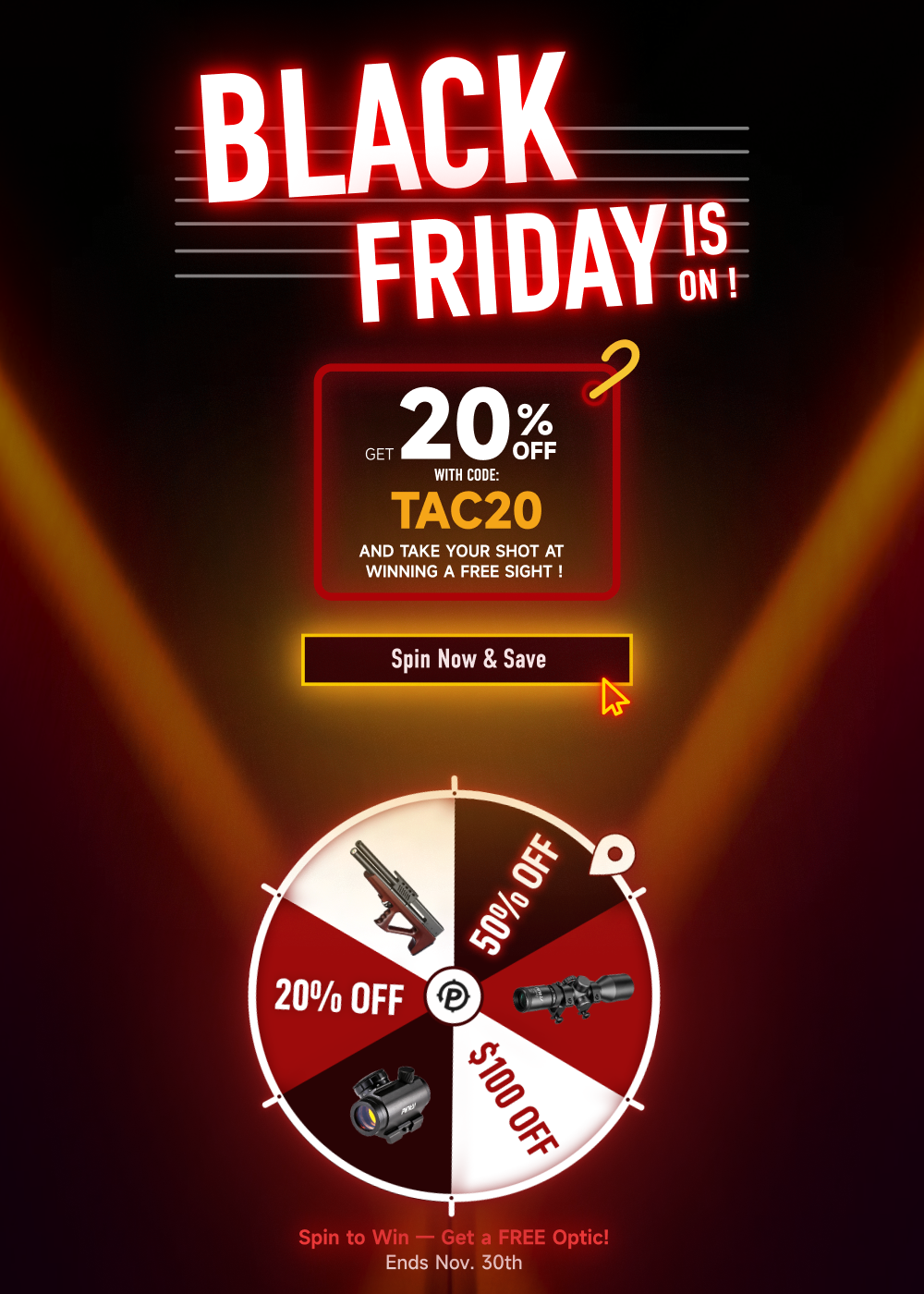 Black Friday promotional graphic with discounts and a spinning wheel for additional savings.
