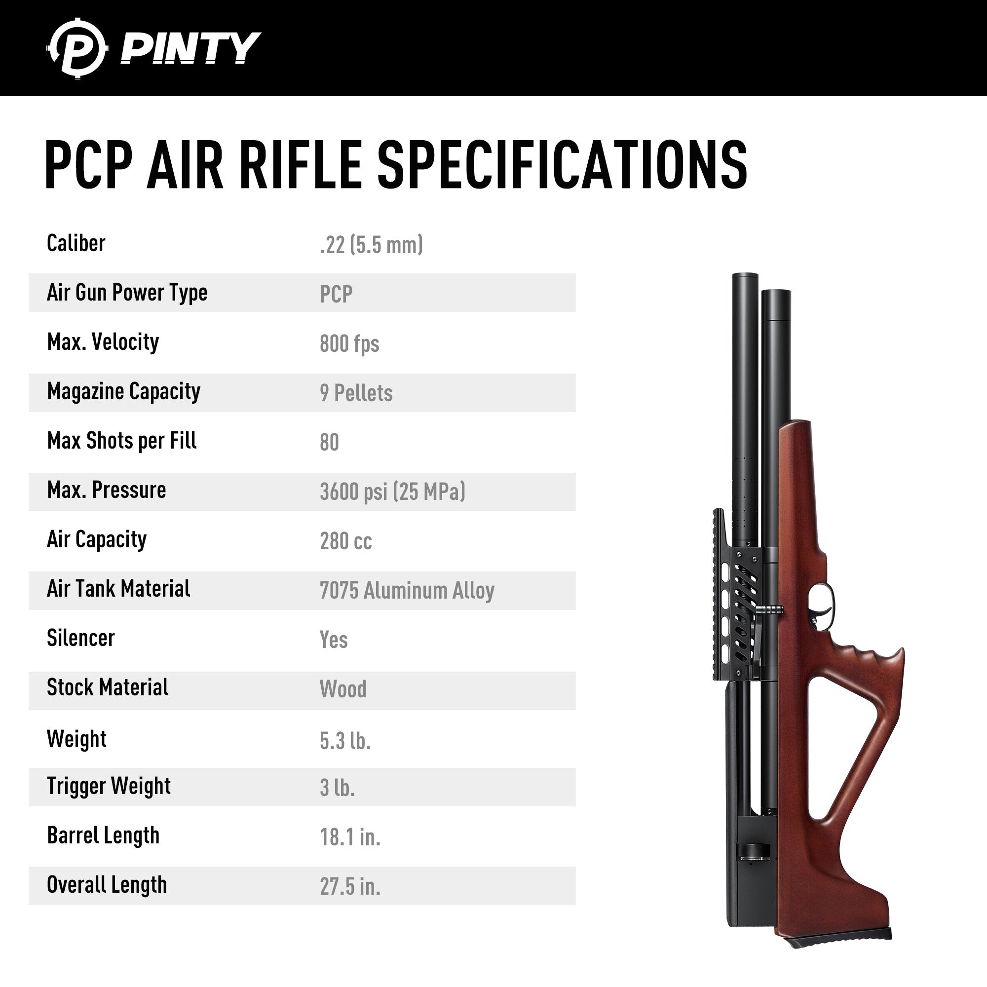 9 Pellet .22Cal Bullpup PCP Air Gun High Power for Small Game Hunting Shooting