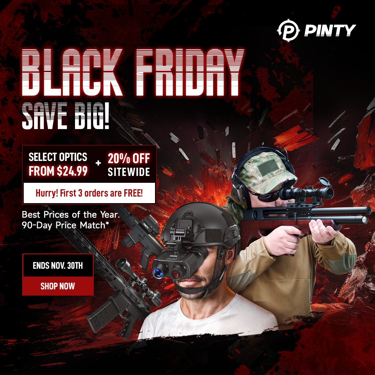 Black Friday advertisement for PINTY optics with text and images of optics and a person holding a rifle.