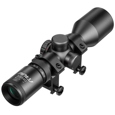 Black rifle scope with adjustable focus on a white background